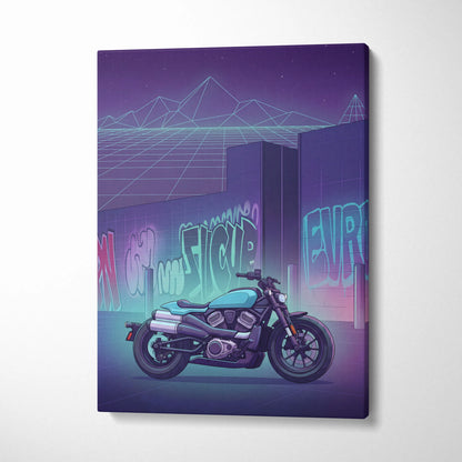 Sportster S Inspired Teal Purple Motorcycle Canvas Wall Art Vaporwave Graffiti Cruiser Artwork for Garage Decor Retro Futuristic Print