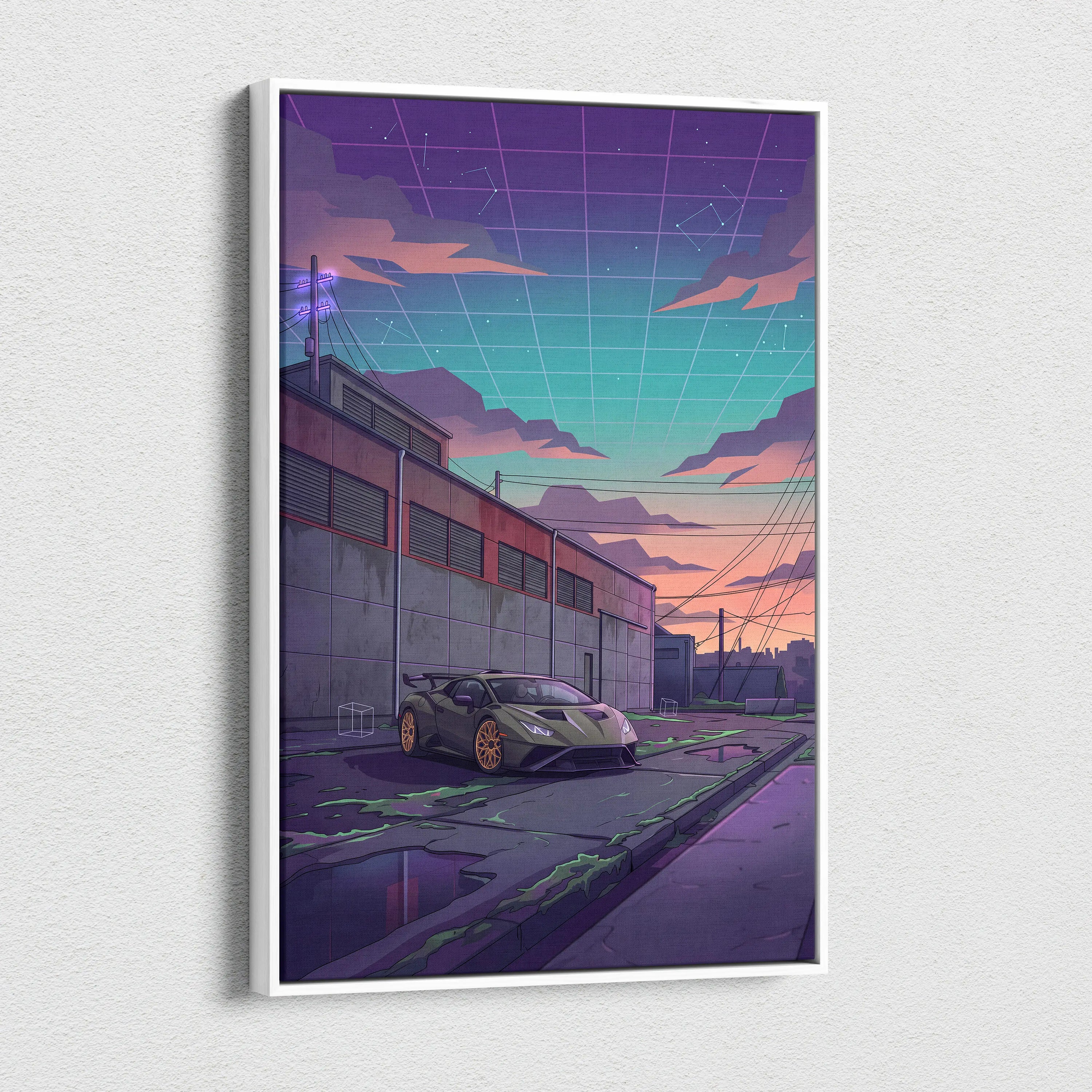 Lamborghini Huracan STO Inspired Car Canvas Art - Car Neon Purple Teal Living Room Vaporwave Canvas Dreamy Mood Retro Futurism Canvas