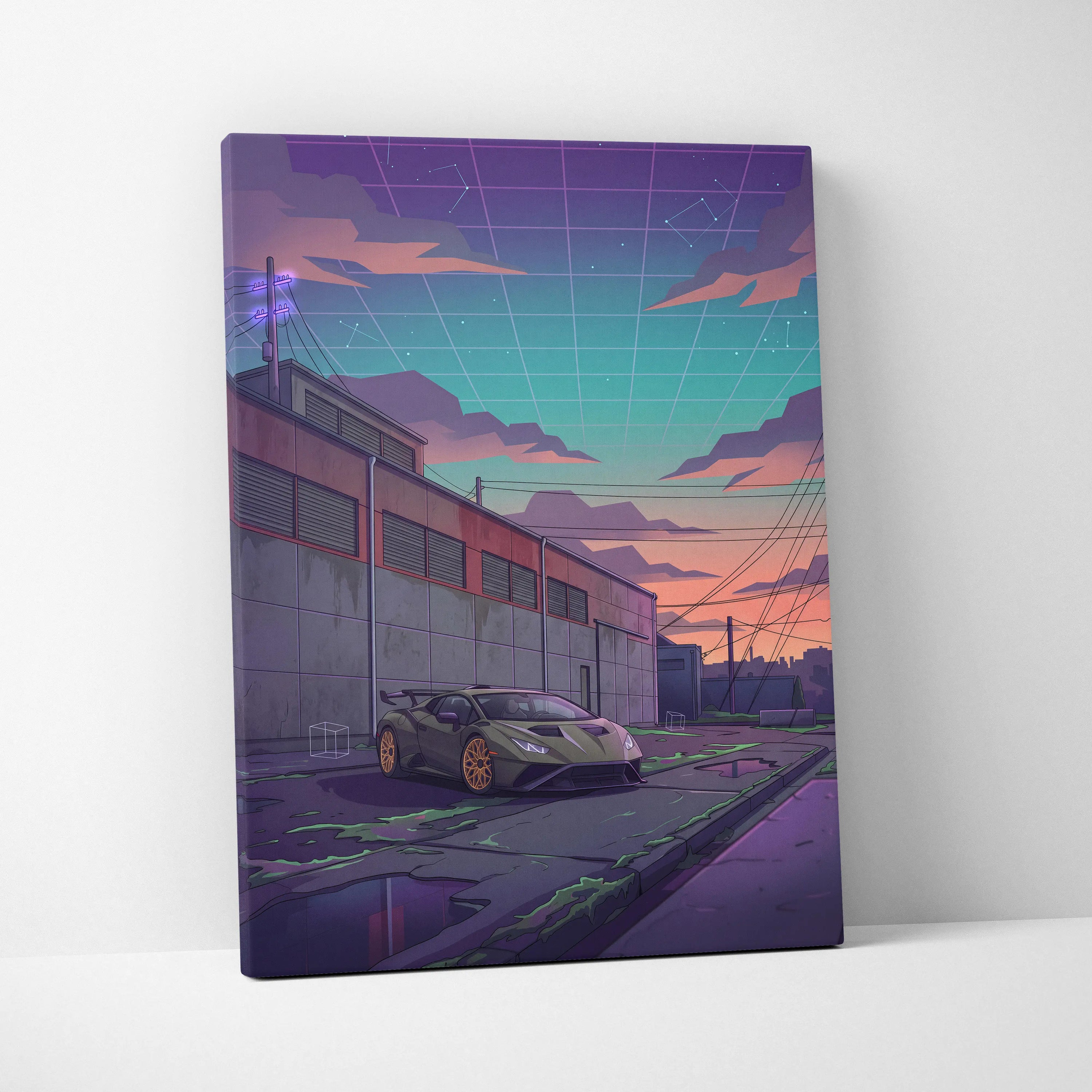 Lamborghini Huracan STO Inspired Car Canvas Art - Car Neon Purple Teal Living Room Vaporwave Canvas Dreamy Mood Retro Futurism Canvas