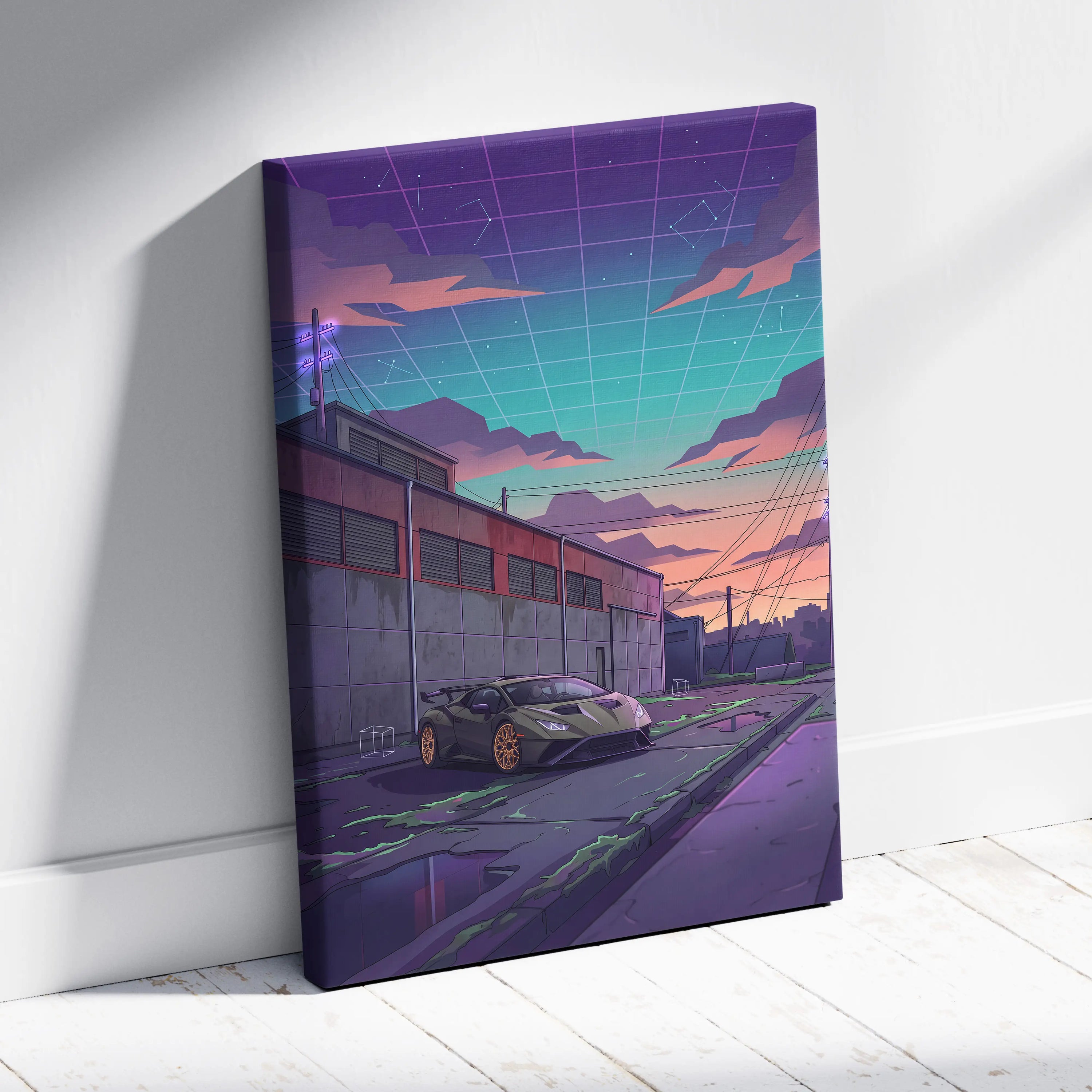 Lamborghini Huracan STO Inspired Car Canvas Art - Car Neon Purple Teal Living Room Vaporwave Canvas Dreamy Mood Retro Futurism Canvas