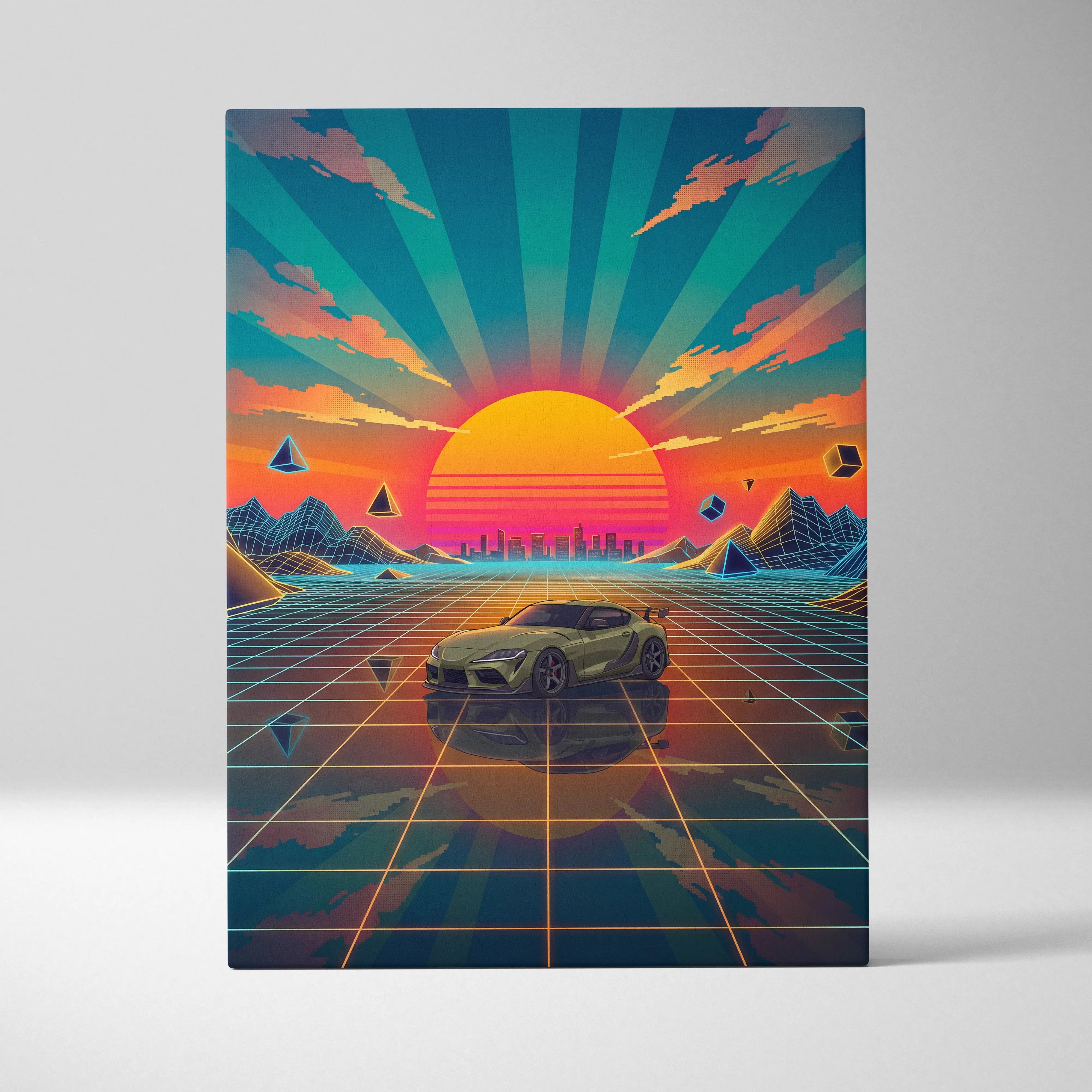 Vibrant retro-futuristic canvas print featuring an olive-green toyota supra mk5 on a glowing grid road under an orange sun