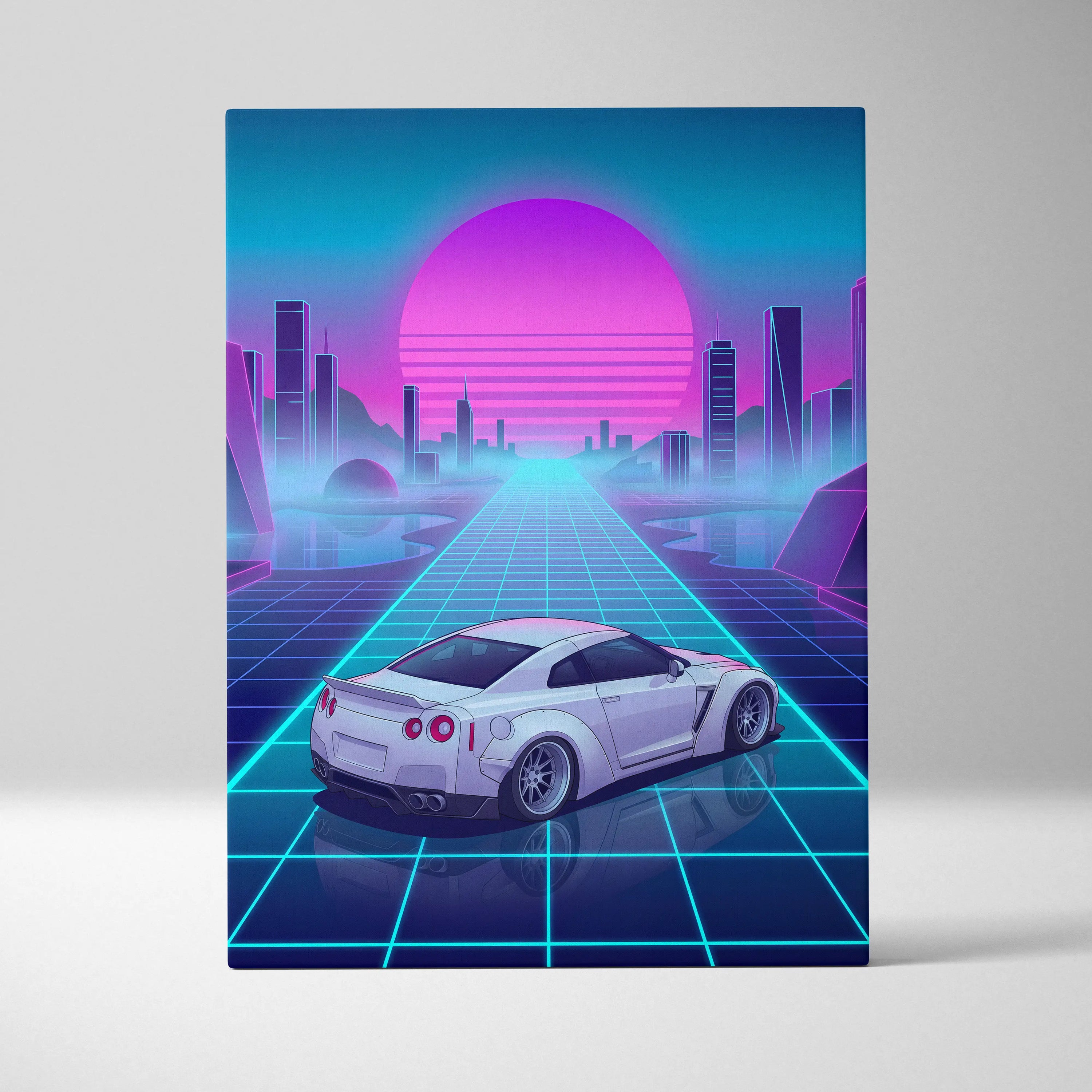 Nissan GT-R R35 Inspired White Blue Canvas Wall Art Vaporwave Neon Grid JDM Car Artwork, Cyberpunk Sunset Garage Decor