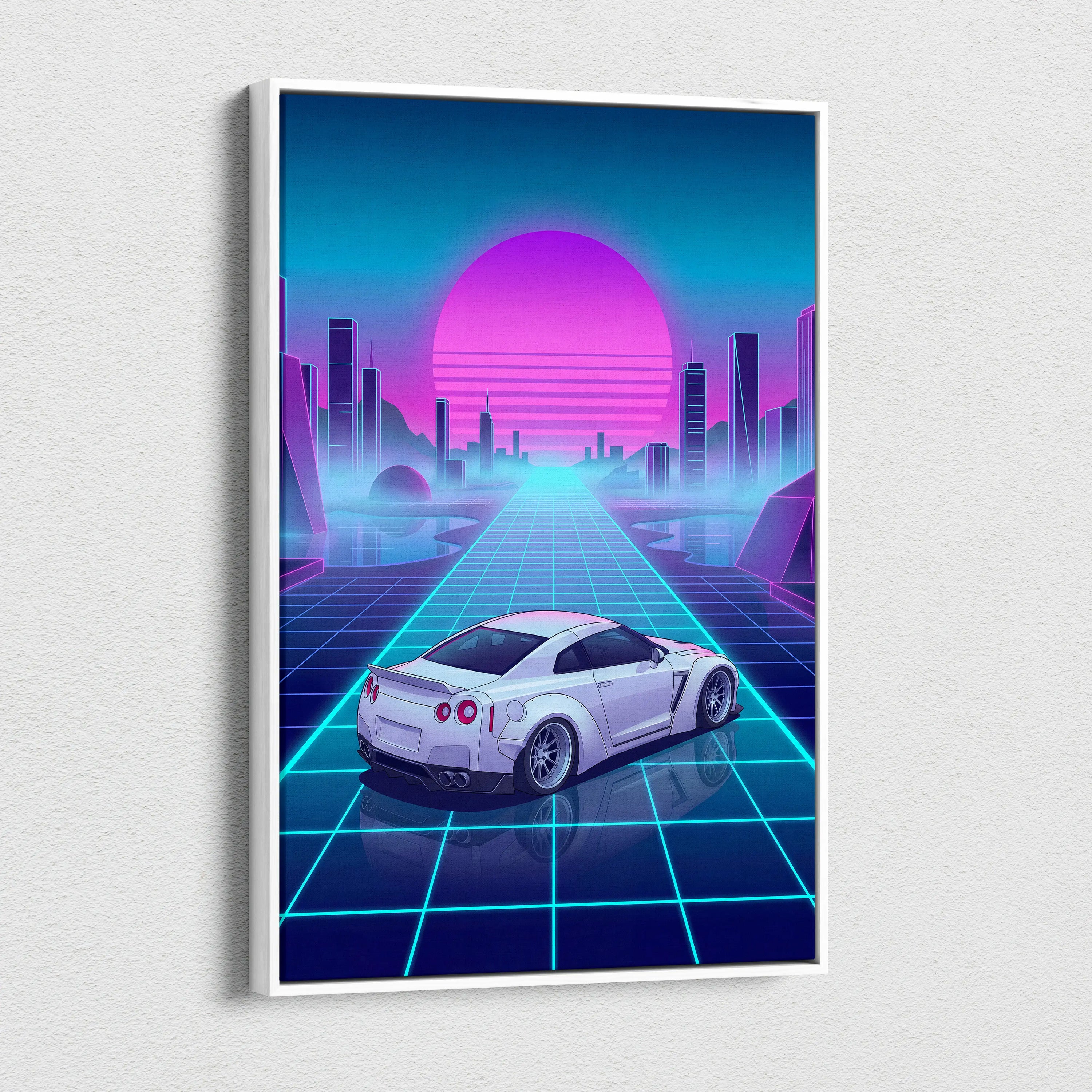 Nissan GT-R R35 Inspired White Blue Canvas Wall Art Vaporwave Neon Grid JDM Car Artwork, Cyberpunk Sunset Garage Decor