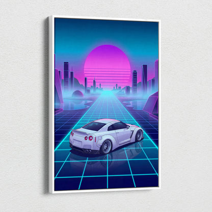 Nissan GT-R R35 Inspired White Blue Canvas Wall Art Vaporwave Neon Grid JDM Car Artwork, Cyberpunk Sunset Garage Decor