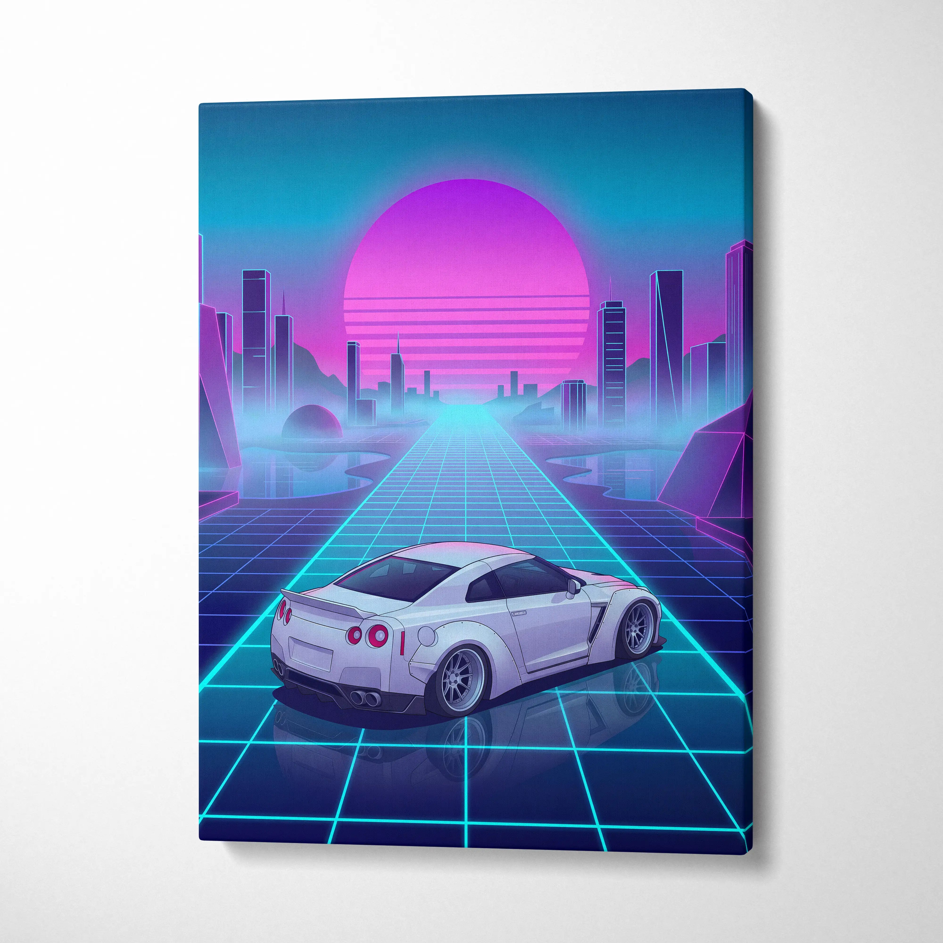 Nissan GT-R R35 Inspired White Blue Canvas Wall Art Vaporwave Neon Grid JDM Car Artwork, Cyberpunk Sunset Garage Decor