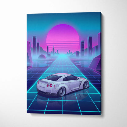 Nissan GT-R R35 Inspired White Blue Canvas Wall Art Vaporwave Neon Grid JDM Car Artwork, Cyberpunk Sunset Garage Decor
