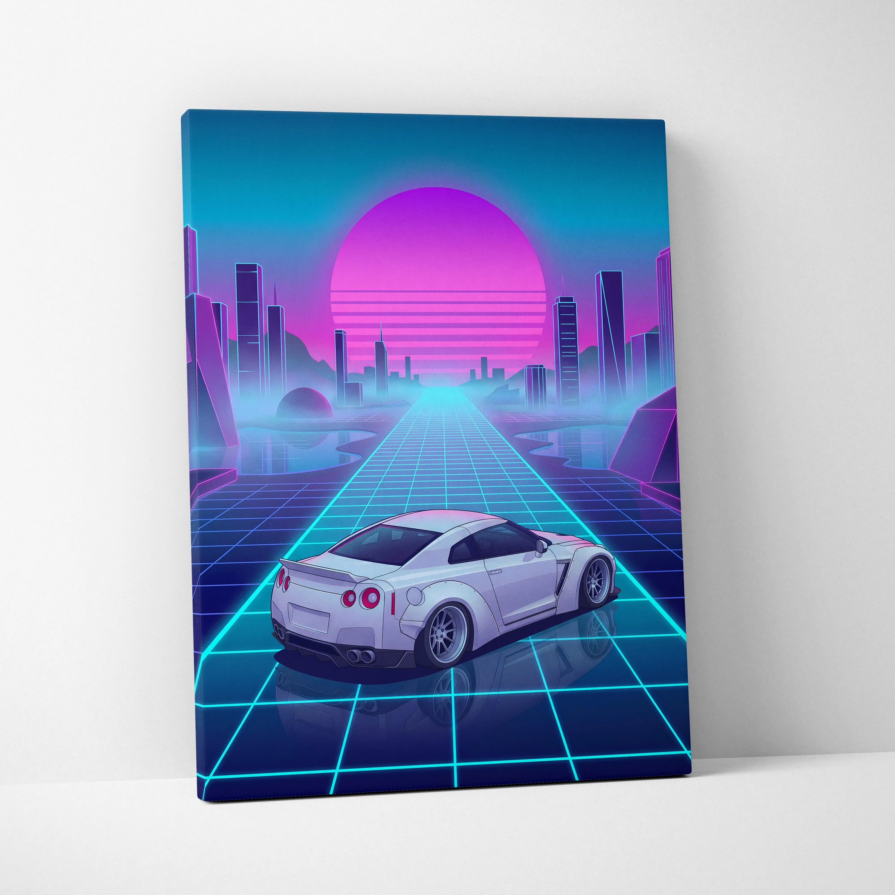 Nissan GT-R R35 Inspired White Blue Canvas Wall Art Vaporwave Neon Grid JDM Car Artwork, Cyberpunk Sunset Garage Decor