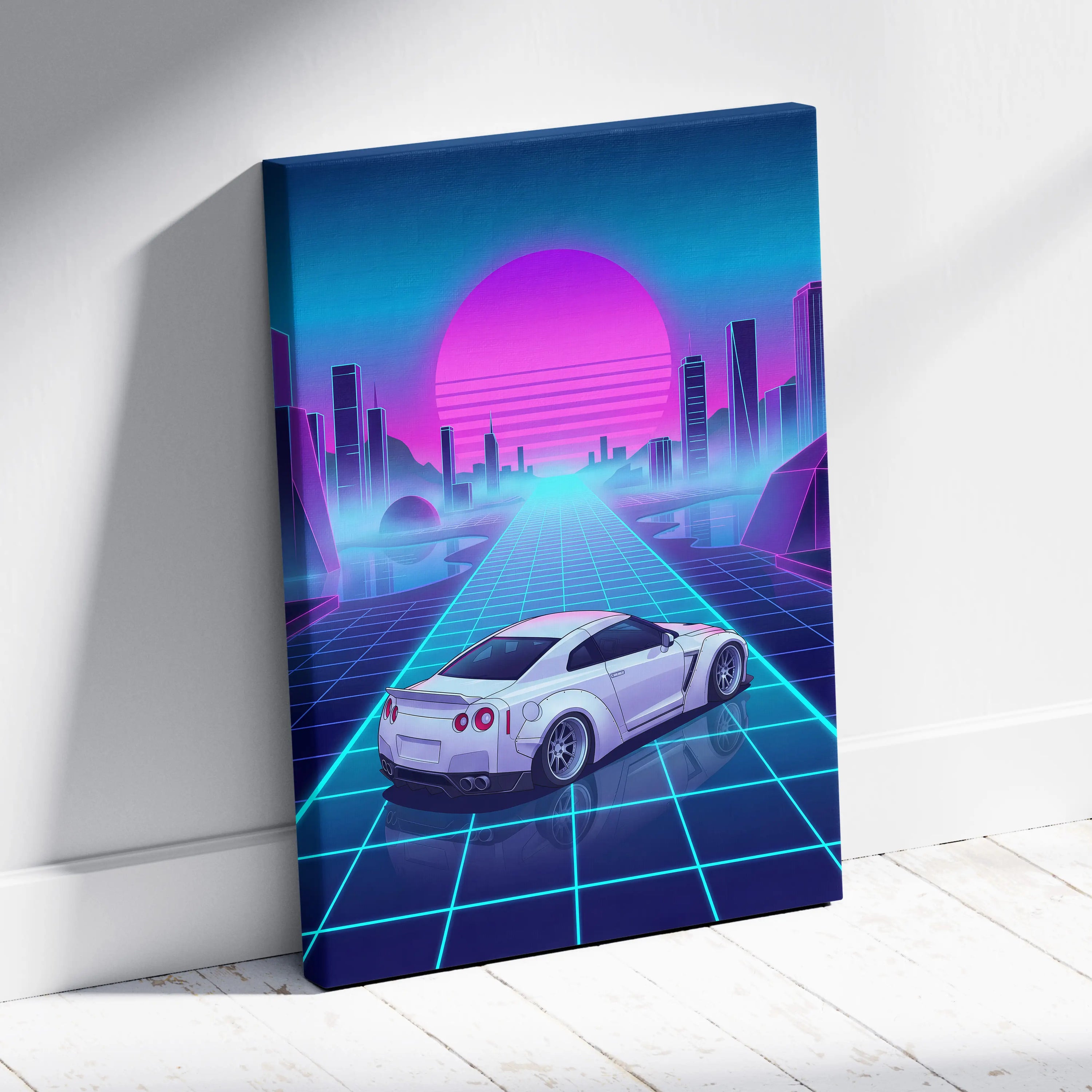 Nissan GT-R R35 Inspired White Blue Canvas Wall Art Vaporwave Neon Grid JDM Car Artwork, Cyberpunk Sunset Garage Decor