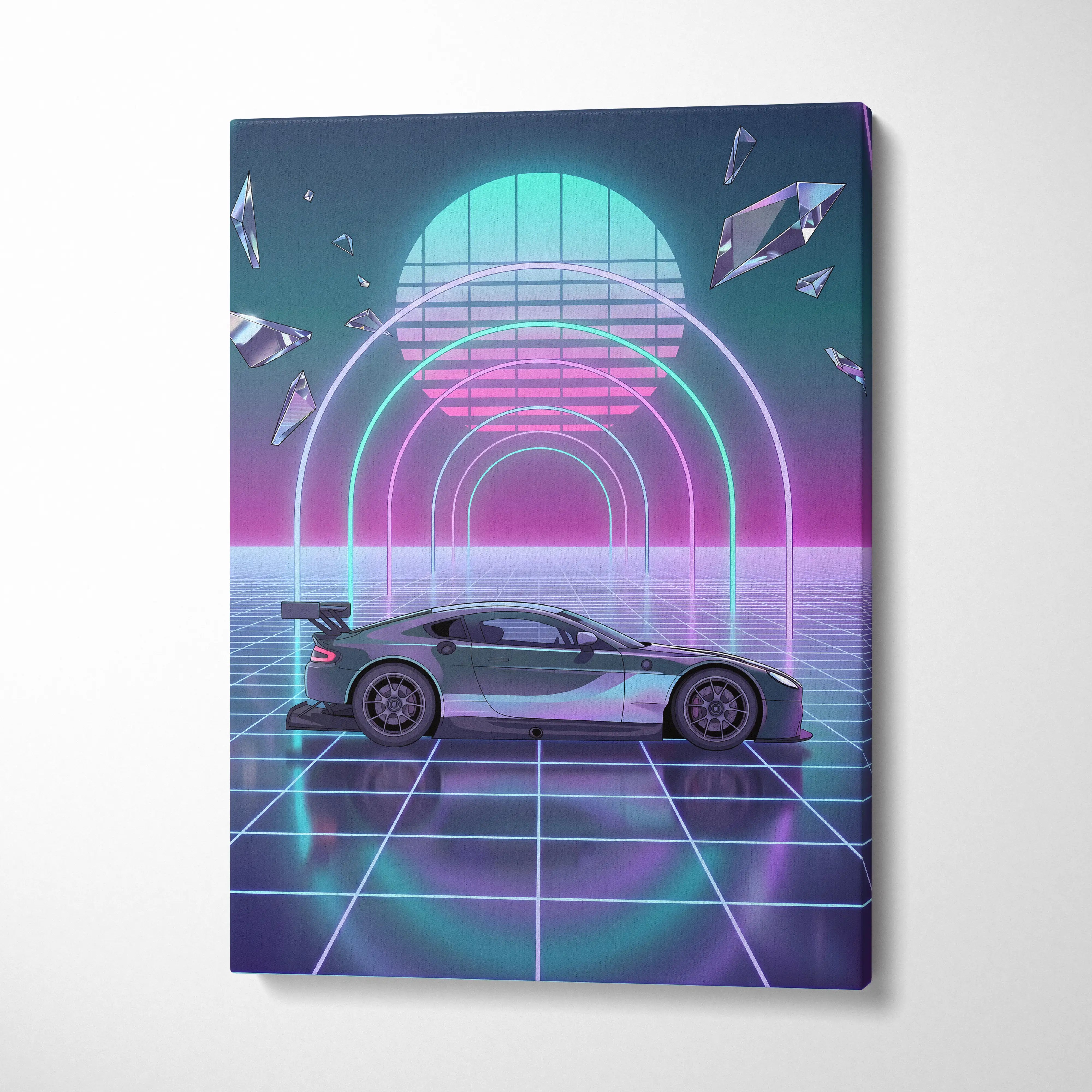 Aston Martin Vantage GT3 Inspired Silver Purple Canvas Wall Art Vaporwave Neon Grid Race Car Artwork, Retro Futuristic Motorsport Garage Decor