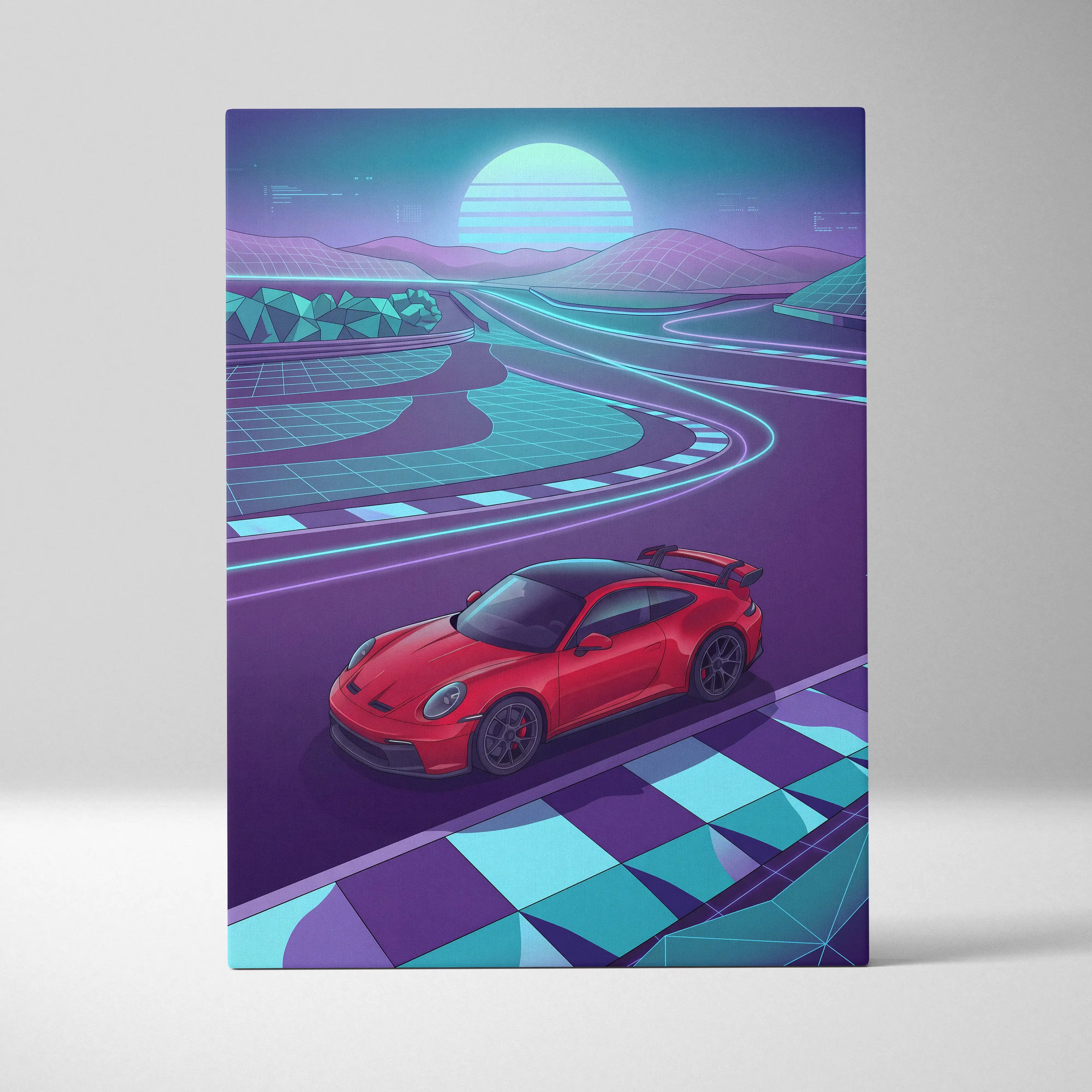 Porsche 911 GT3 RS Inspired Red Purple Canvas Wall Art Vaporwave Race Track Car Artwork, Neon Sunset Garage Decor