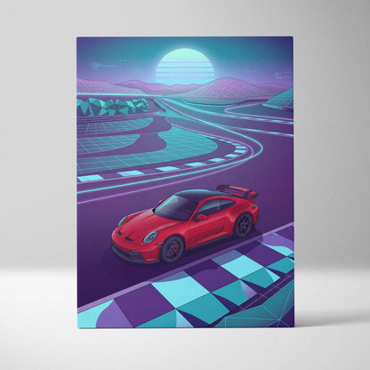 Porsche 911 GT3 RS Inspired Red Purple Canvas Wall Art Vaporwave Race Track Car Artwork, Neon Sunset Garage Decor