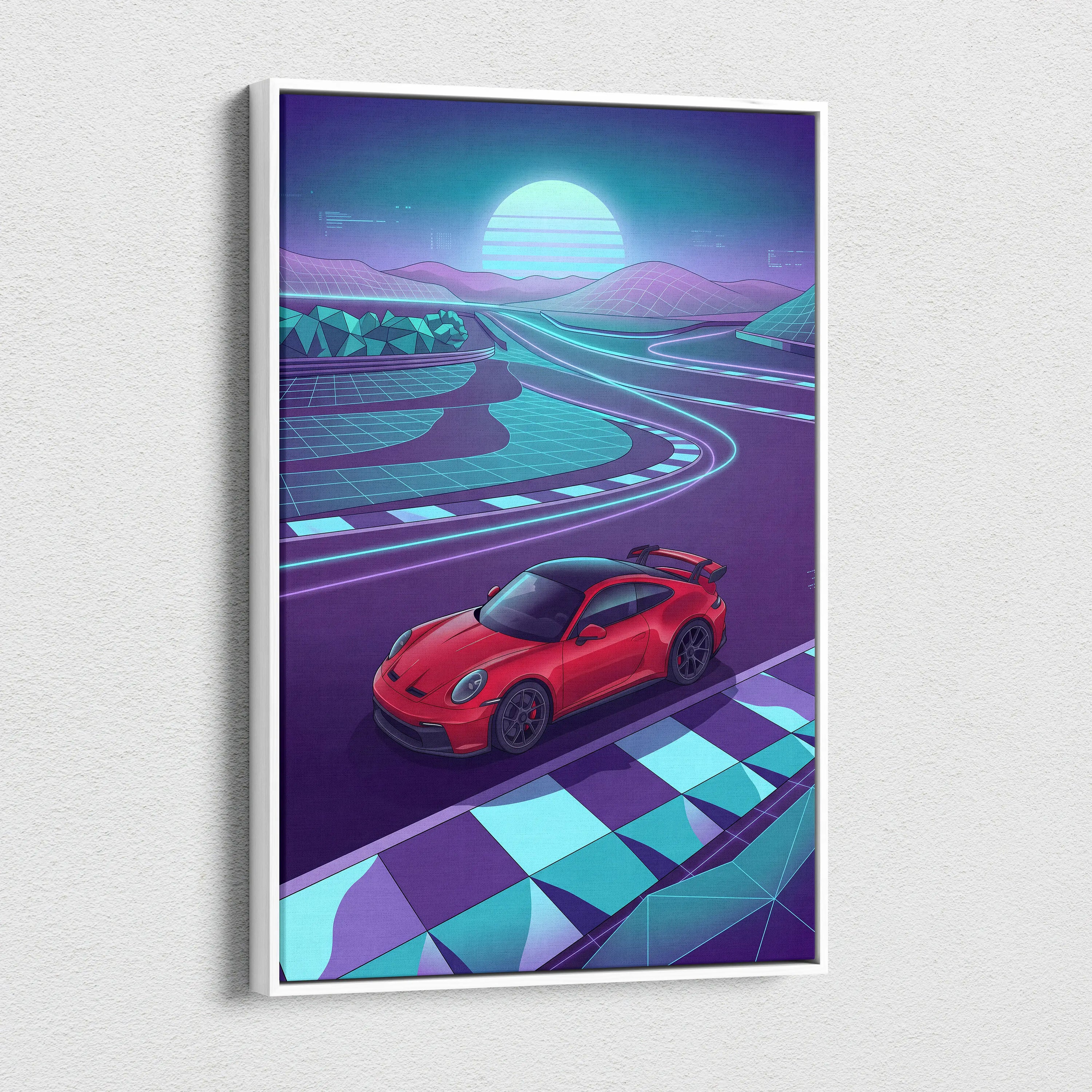 Porsche 911 GT3 RS Inspired Red Purple Canvas Wall Art Vaporwave Race Track Car Artwork, Neon Sunset Garage Decor