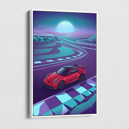 Porsche 911 GT3 RS Inspired Red Purple Canvas Wall Art Vaporwave Race Track Car Artwork, Neon Sunset Garage Decor
