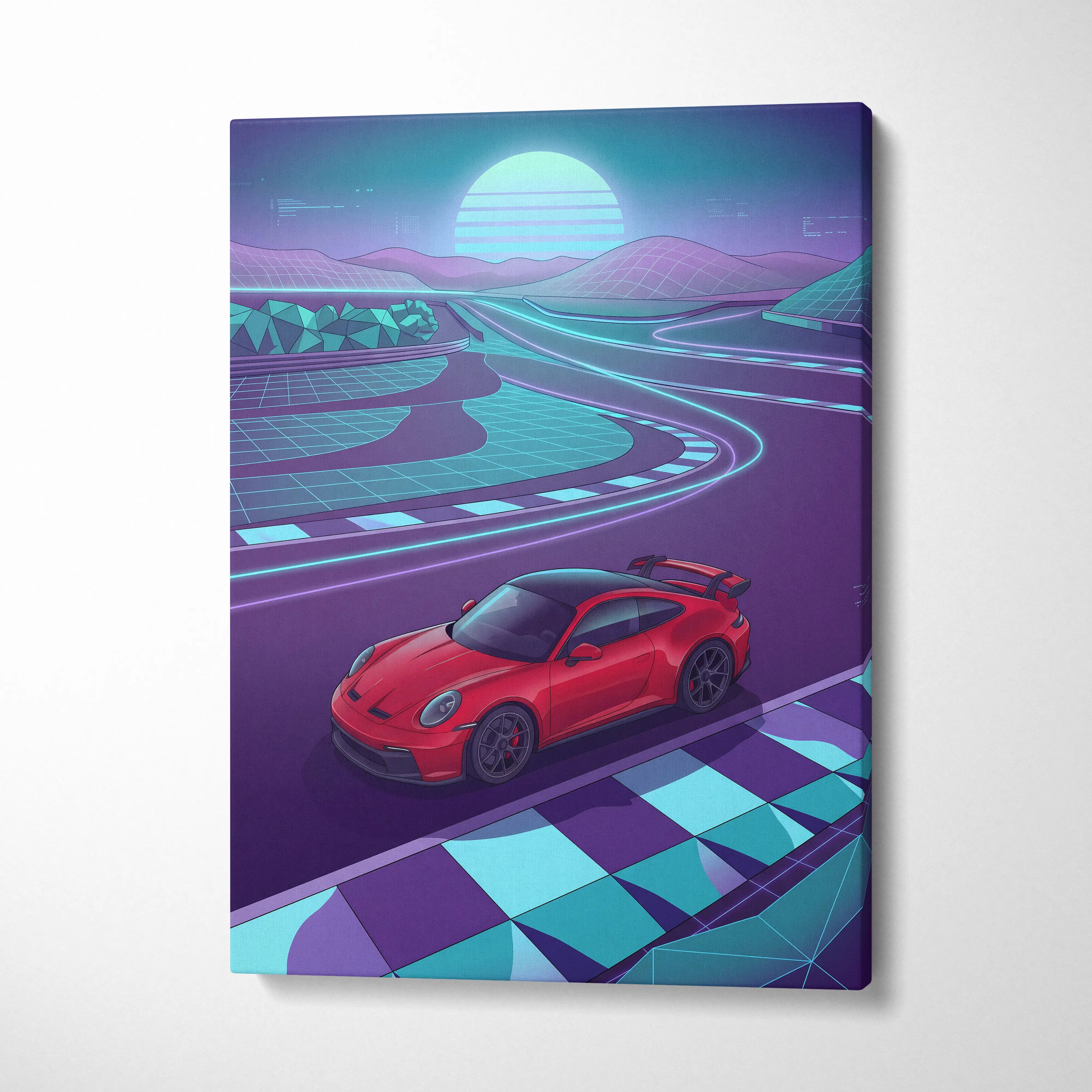 Porsche 911 GT3 RS Inspired Red Purple Canvas Wall Art Vaporwave Race Track Car Artwork, Neon Sunset Garage Decor