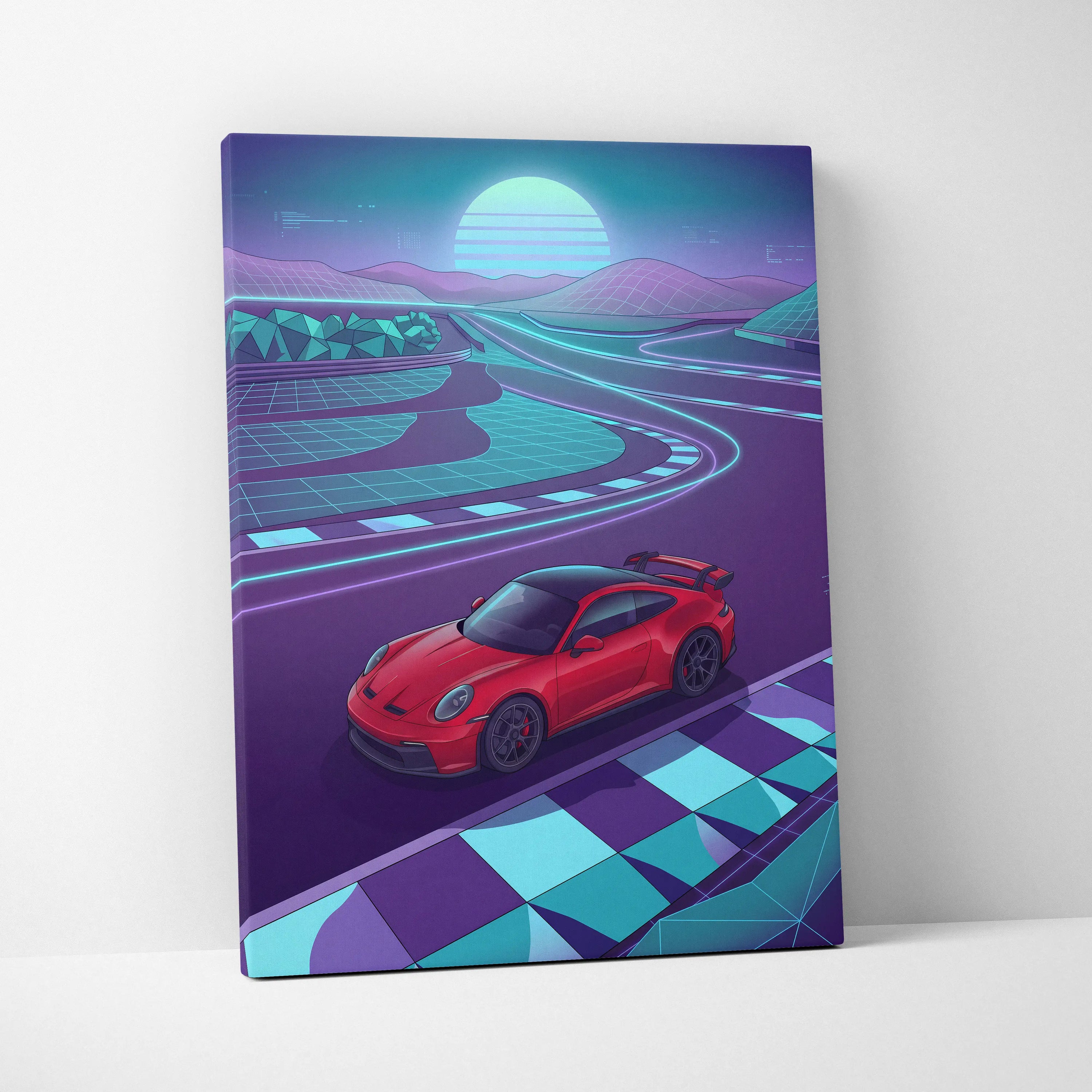 Porsche 911 GT3 RS Inspired Red Purple Canvas Wall Art Vaporwave Race Track Car Artwork, Neon Sunset Garage Decor