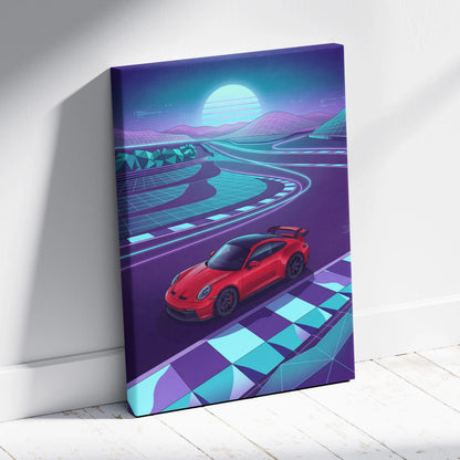 Porsche 911 GT3 RS Inspired Red Purple Canvas Wall Art Vaporwave Race Track Car Artwork, Neon Sunset Garage Decor