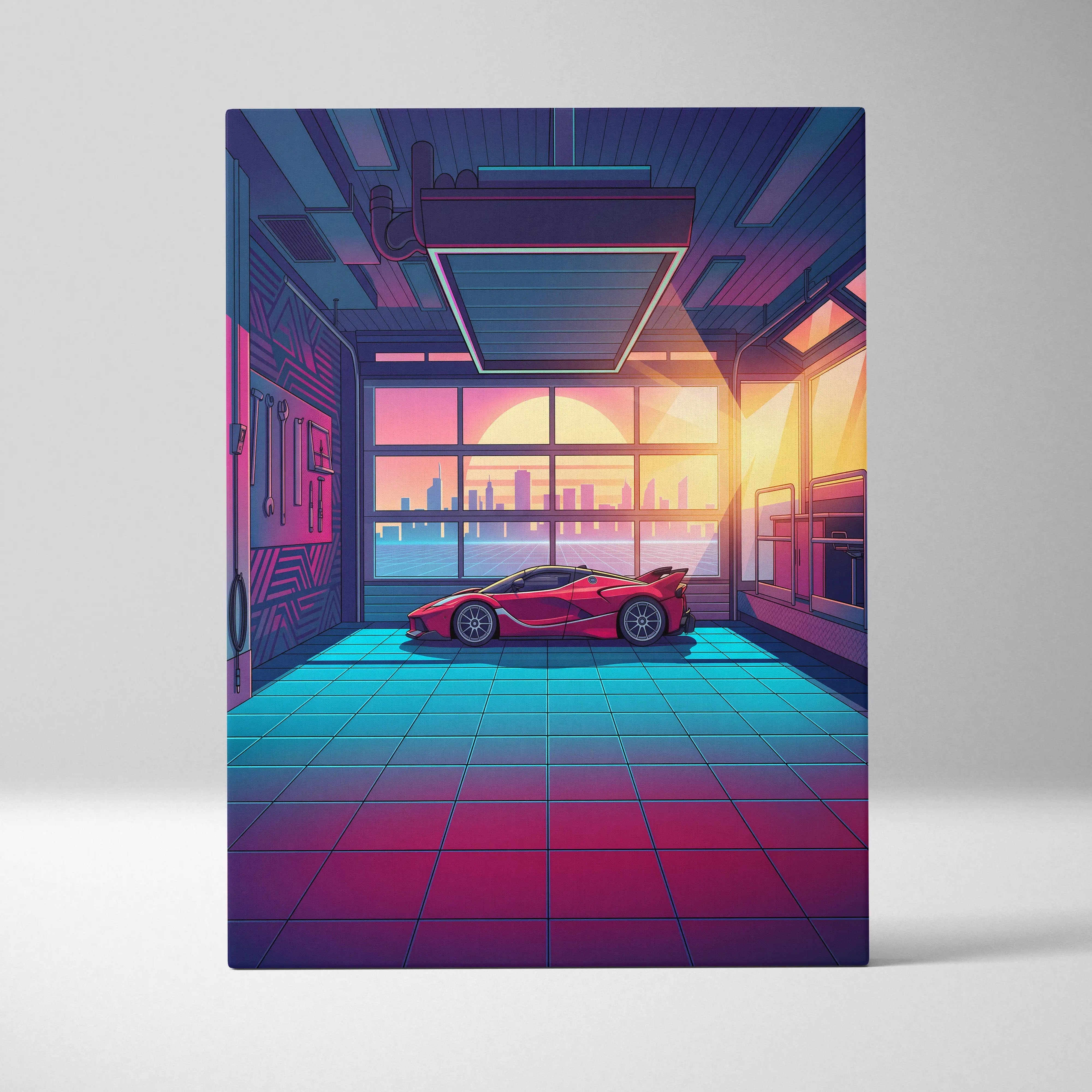 Ferrari fxx-k inspired red sports car neon-lit garage canvas wall art with city skyline vaporwave decor print