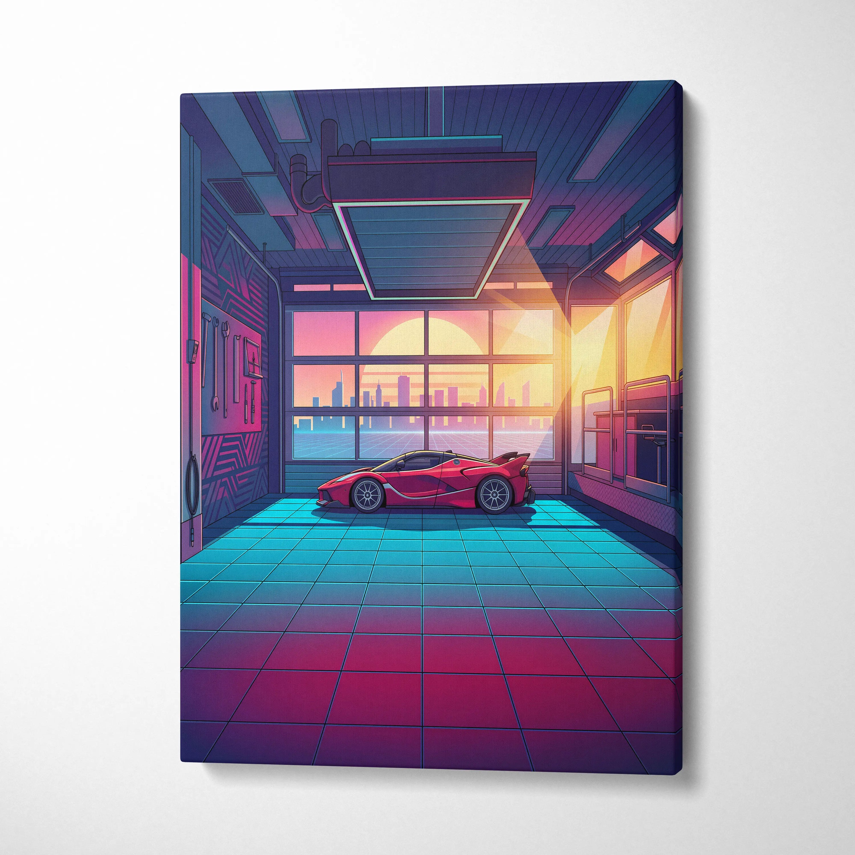Ferrari FXX-K Inspired Red Teal Canvas Wall Art, Vaporwave Hypercar Artwork, Neon Garage Decor, Retro Futuristic Exotic Car Print