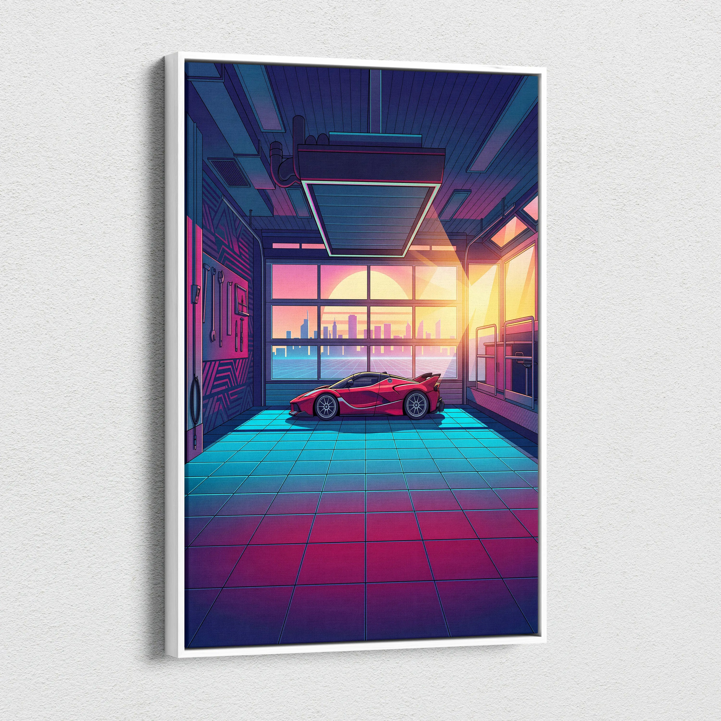 Ferrari FXX-K Inspired Red Teal Canvas Wall Art, Vaporwave Hypercar Artwork, Neon Garage Decor, Retro Futuristic Exotic Car Print