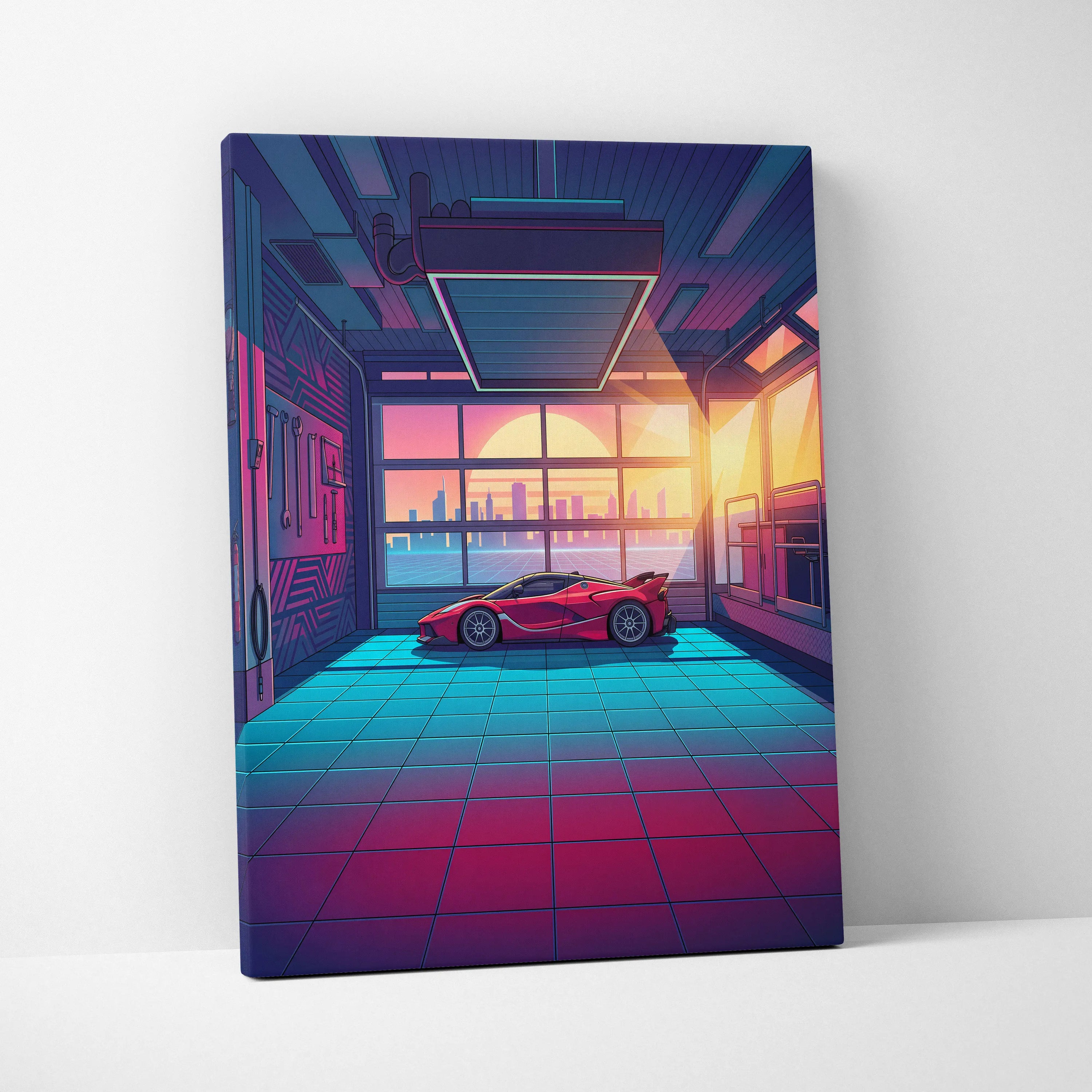 Ferrari FXX-K Inspired Red Teal Canvas Wall Art, Vaporwave Hypercar Artwork, Neon Garage Decor, Retro Futuristic Exotic Car Print