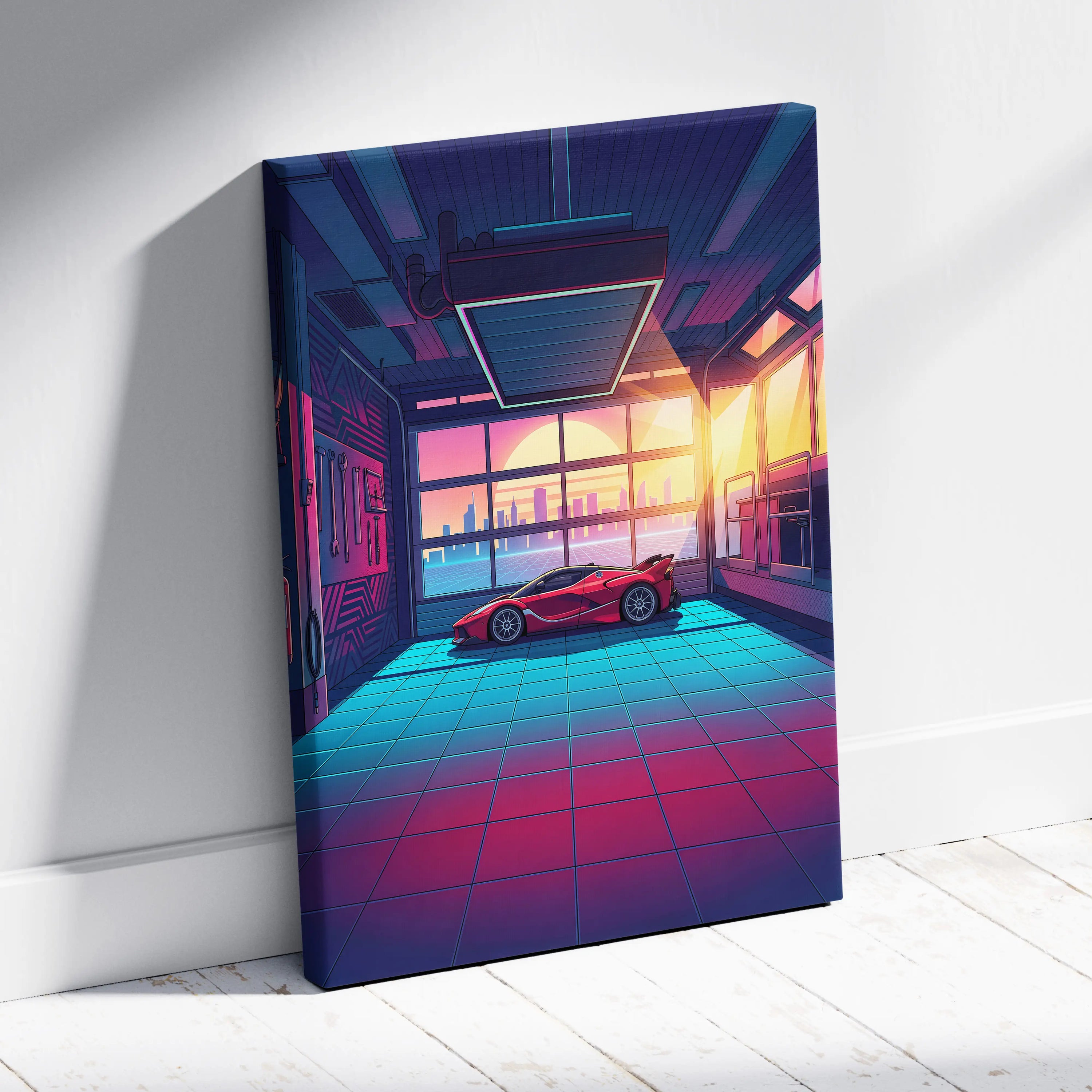 Ferrari FXX-K Inspired Red Teal Canvas Wall Art, Vaporwave Hypercar Artwork, Neon Garage Decor, Retro Futuristic Exotic Car Print