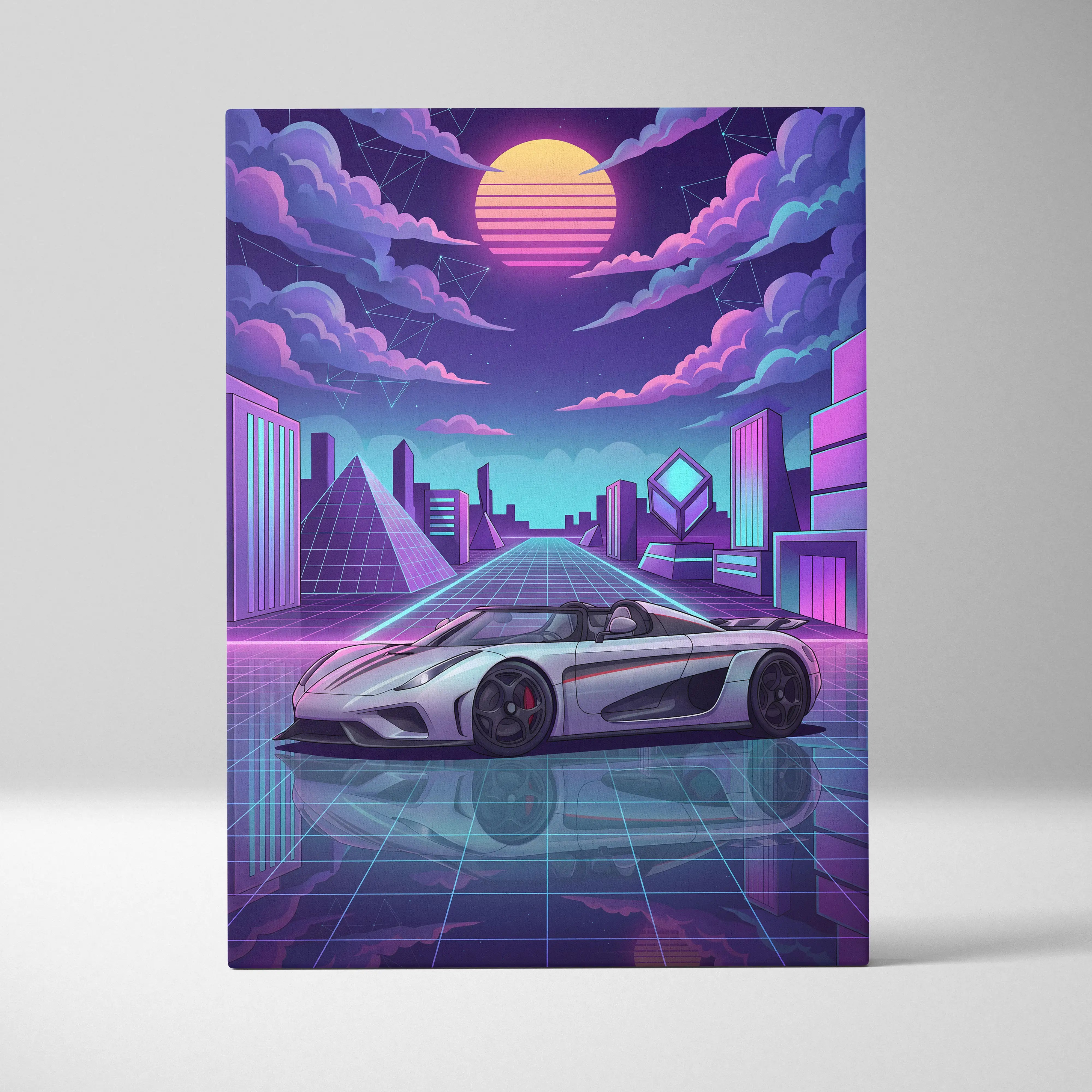 Koenigsegg regera inspired silver purple canvas wall art featuring a sleek white hypercar with black rims and neon grid cityscape