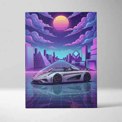 Koenigsegg Regera Inspired Silver Purple Canvas Wall Art, Vaporwave Hypercar Artwork, Neon Grid City Decor, Retro Futuristic Exotic Print