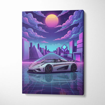 Koenigsegg Regera Inspired Silver Purple Canvas Wall Art, Vaporwave Hypercar Artwork, Neon Grid City Decor, Retro Futuristic Exotic Print