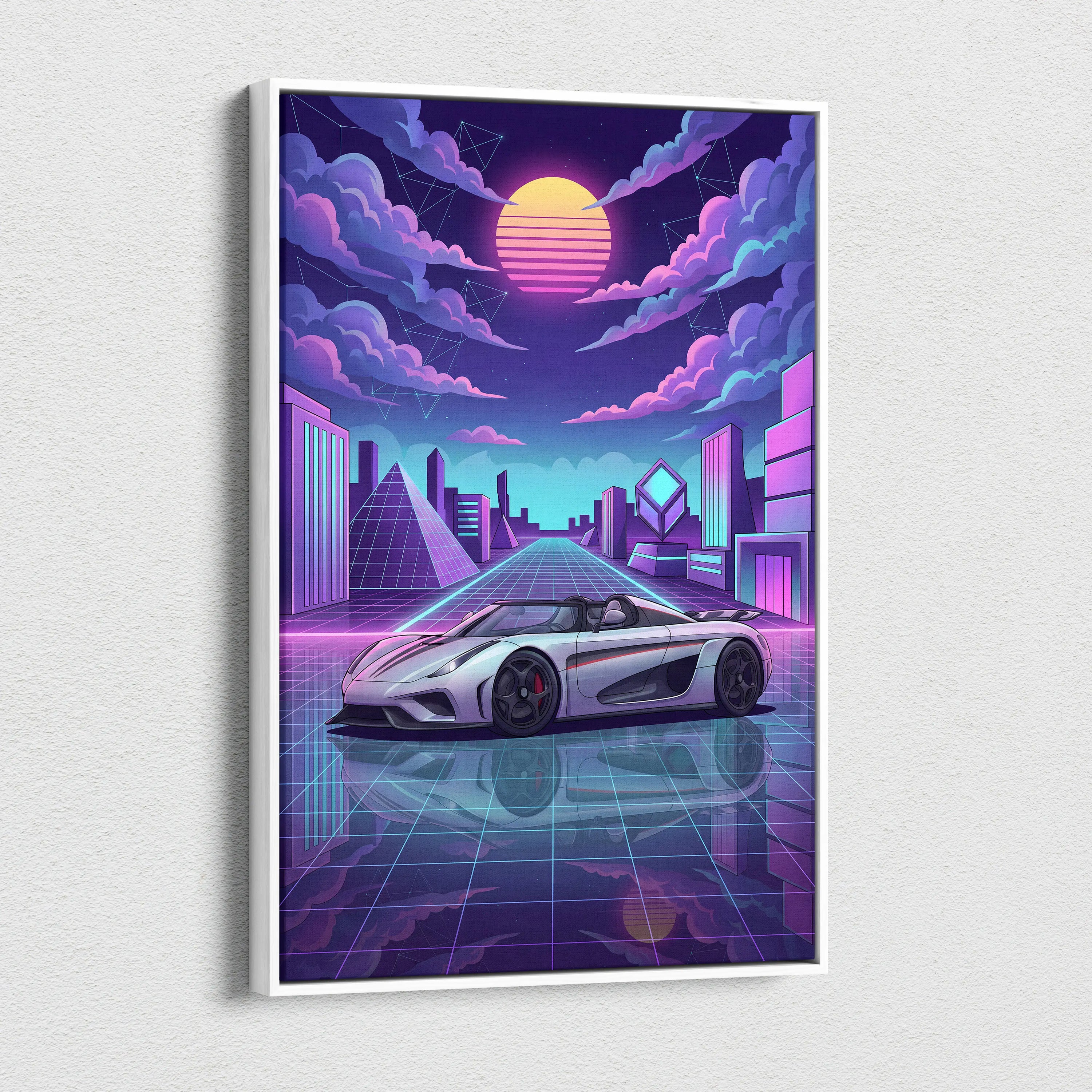 Koenigsegg Regera Inspired Silver Purple Canvas Wall Art, Vaporwave Hypercar Artwork, Neon Grid City Decor, Retro Futuristic Exotic Print