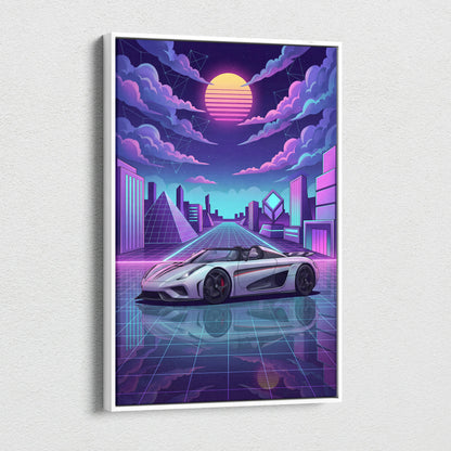 Koenigsegg Regera Inspired Silver Purple Canvas Wall Art, Vaporwave Hypercar Artwork, Neon Grid City Decor, Retro Futuristic Exotic Print