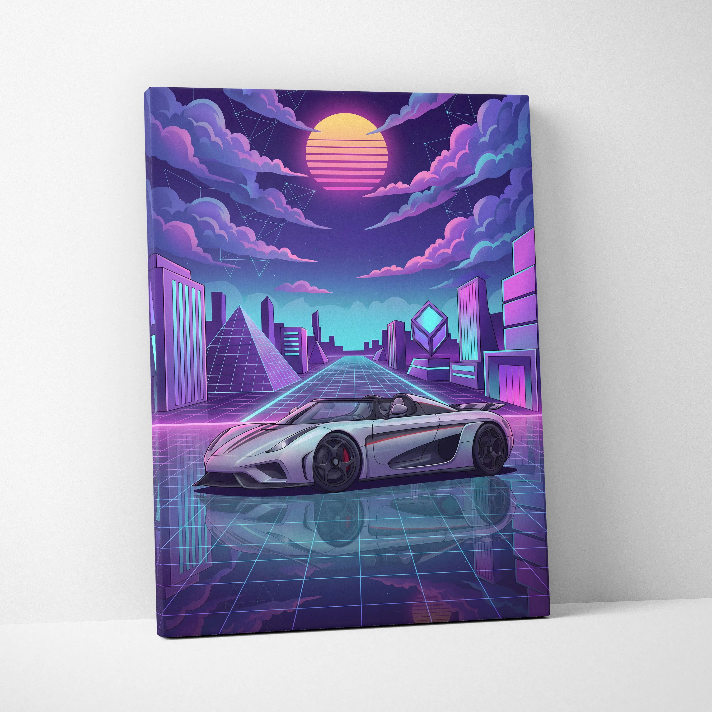 Koenigsegg Regera Inspired Silver Purple Canvas Wall Art, Vaporwave Hypercar Artwork, Neon Grid City Decor, Retro Futuristic Exotic Print
