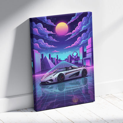 Koenigsegg Regera Inspired Silver Purple Canvas Wall Art, Vaporwave Hypercar Artwork, Neon Grid City Decor, Retro Futuristic Exotic Print