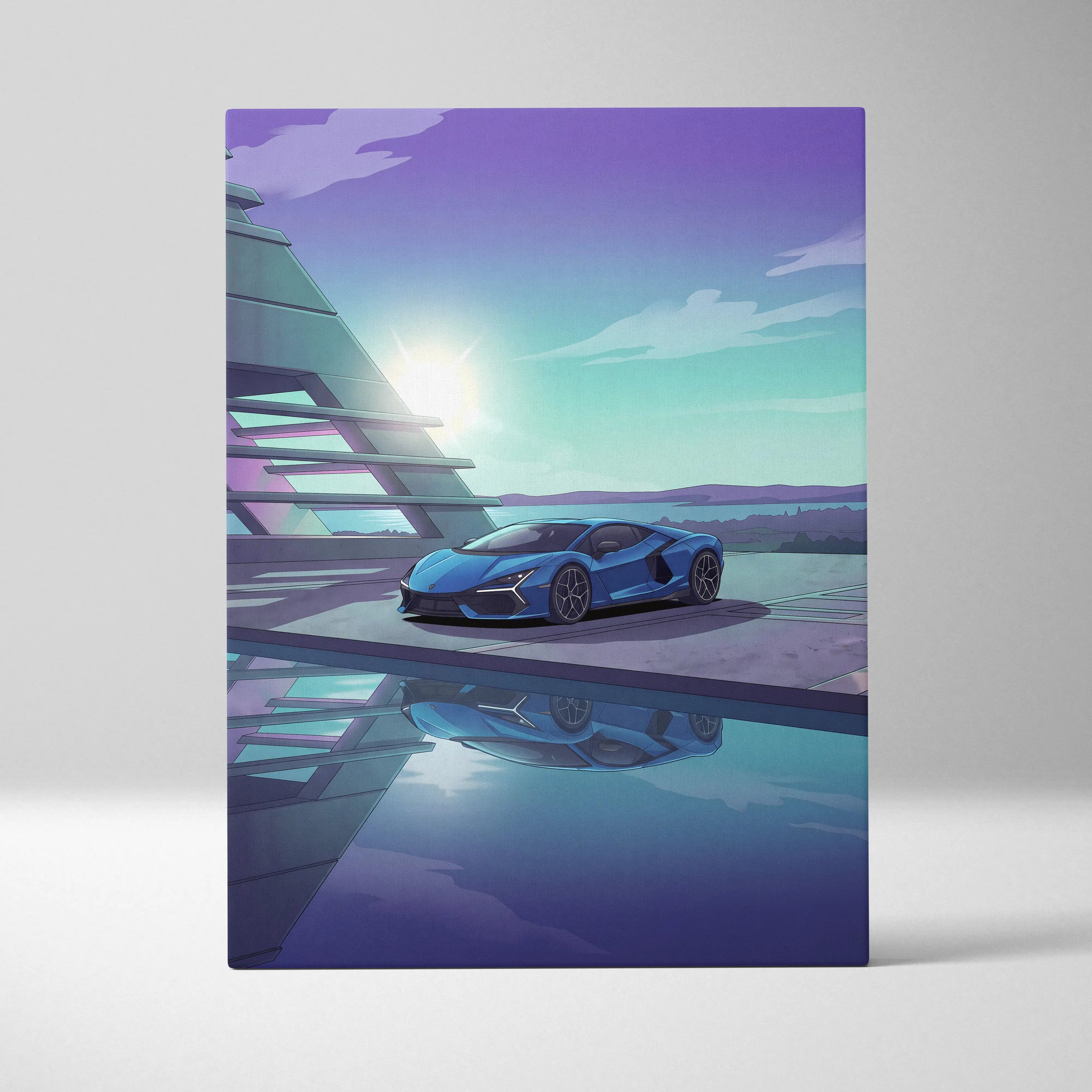 Lamborghini Revuelto Inspired Blue Purple Canvas Wall Art, Vaporwave Supercar Artwork, Neon Lakefront Garage Decor, Retro Futuristic Exotic Print