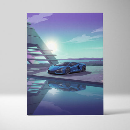 Lamborghini Revuelto Inspired Blue Purple Canvas Wall Art, Vaporwave Supercar Artwork, Neon Lakefront Garage Decor, Retro Futuristic Exotic Print