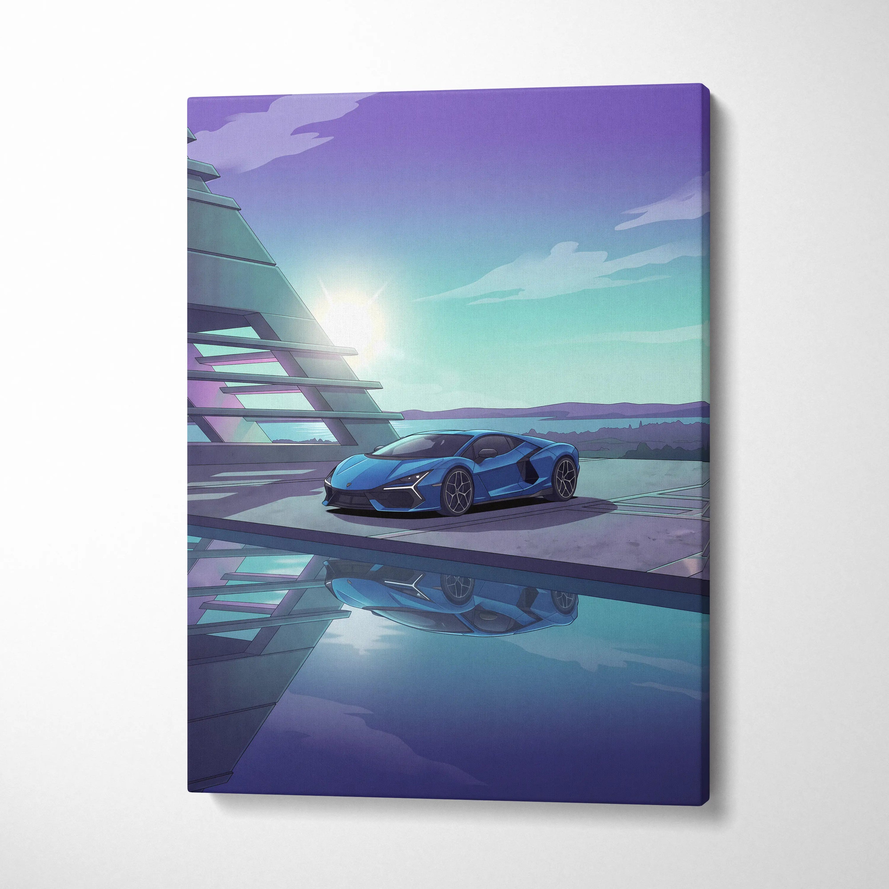 Lamborghini Revuelto Inspired Blue Purple Canvas Wall Art, Vaporwave Supercar Artwork, Neon Lakefront Garage Decor, Retro Futuristic Exotic Print