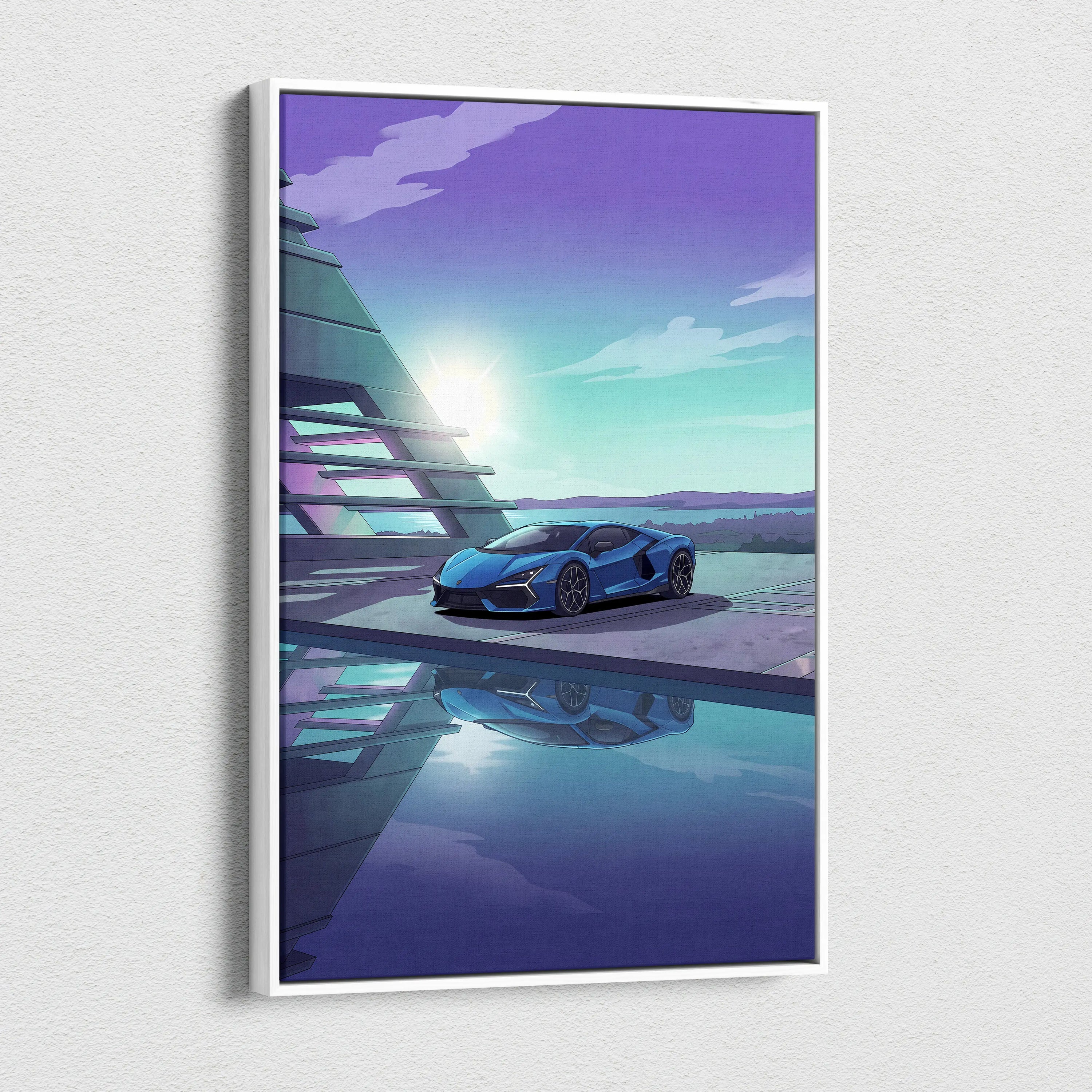 Lamborghini Revuelto Inspired Blue Purple Canvas Wall Art, Vaporwave Supercar Artwork, Neon Lakefront Garage Decor, Retro Futuristic Exotic Print