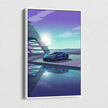 Lamborghini Revuelto Inspired Blue Purple Canvas Wall Art, Vaporwave Supercar Artwork, Neon Lakefront Garage Decor, Retro Futuristic Exotic Print