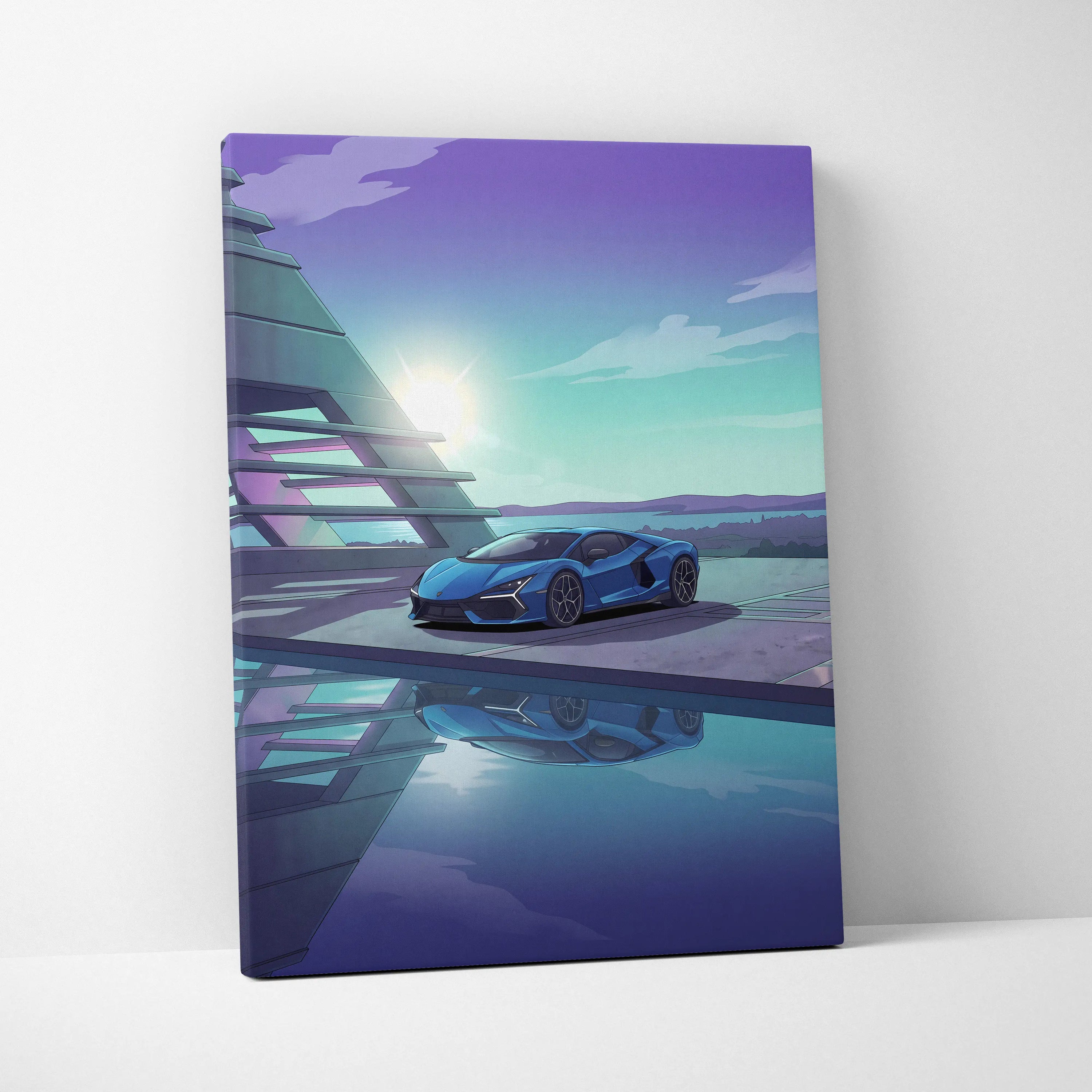 Lamborghini Revuelto Inspired Blue Purple Canvas Wall Art, Vaporwave Supercar Artwork, Neon Lakefront Garage Decor, Retro Futuristic Exotic Print