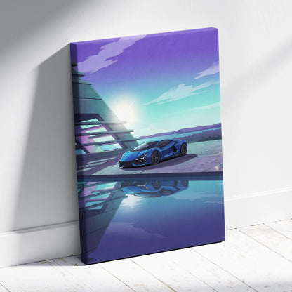 Lamborghini Revuelto Inspired Blue Purple Canvas Wall Art, Vaporwave Supercar Artwork, Neon Lakefront Garage Decor, Retro Futuristic Exotic Print