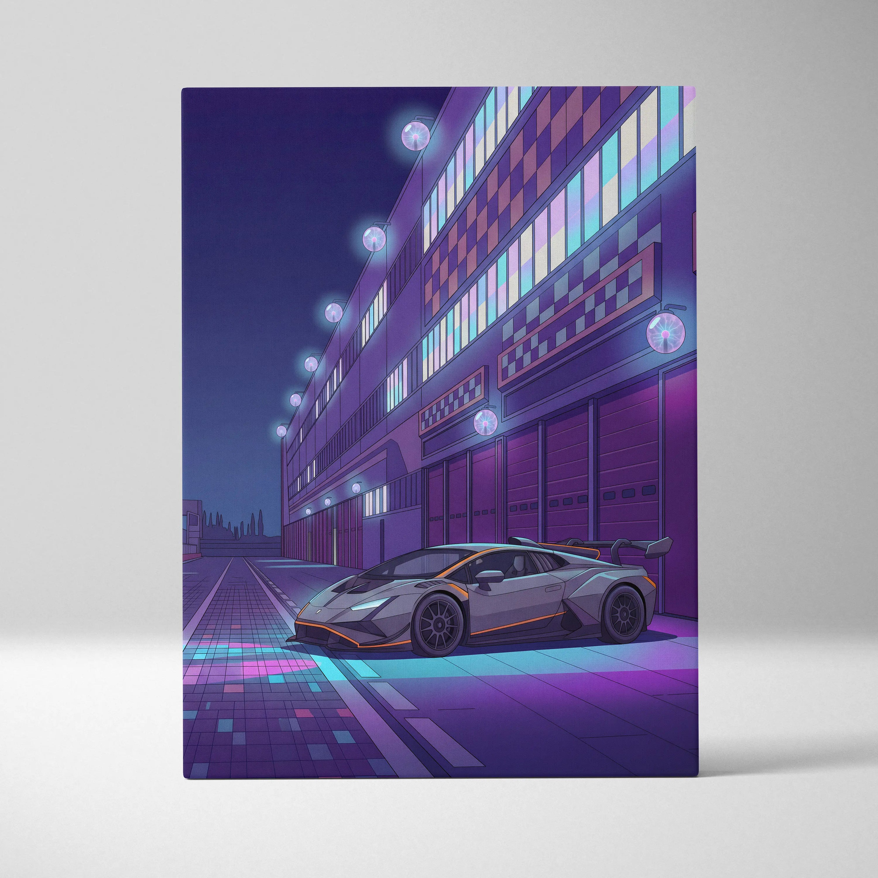 Lamborghini Huracan STO Inspired Gray Purple Canvas Wall Art, Vaporwave Track Car Artwork, Neon Garage Decor, Retro Futuristic Exotic Print
