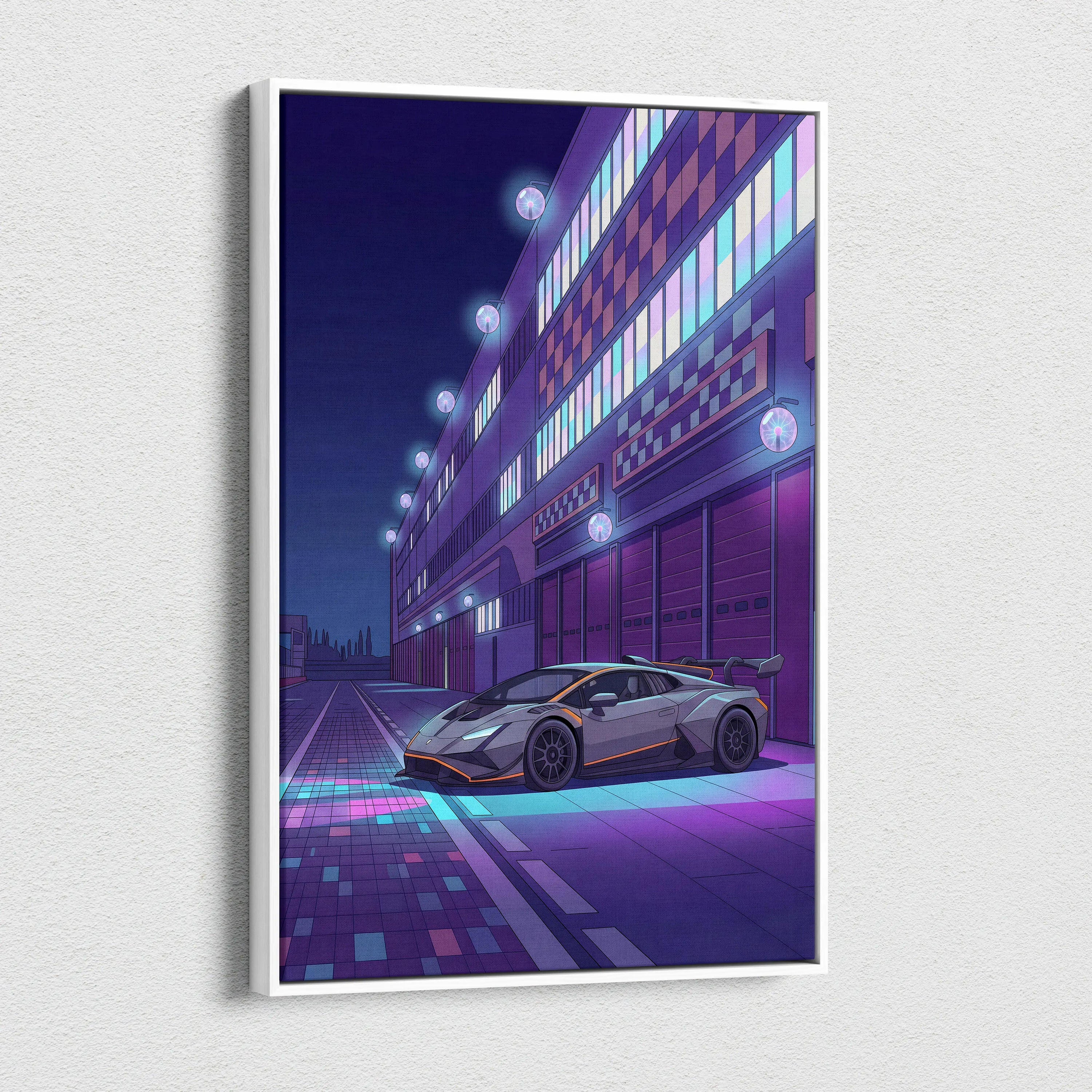 Lamborghini Huracan STO Inspired Gray Purple Canvas Wall Art, Vaporwave Track Car Artwork, Neon Garage Decor, Retro Futuristic Exotic Print