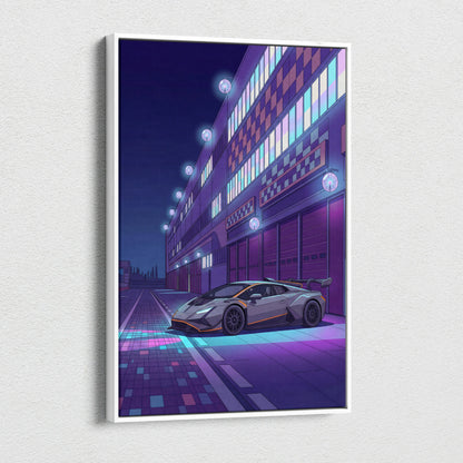 Lamborghini Huracan STO Inspired Gray Purple Canvas Wall Art, Vaporwave Track Car Artwork, Neon Garage Decor, Retro Futuristic Exotic Print