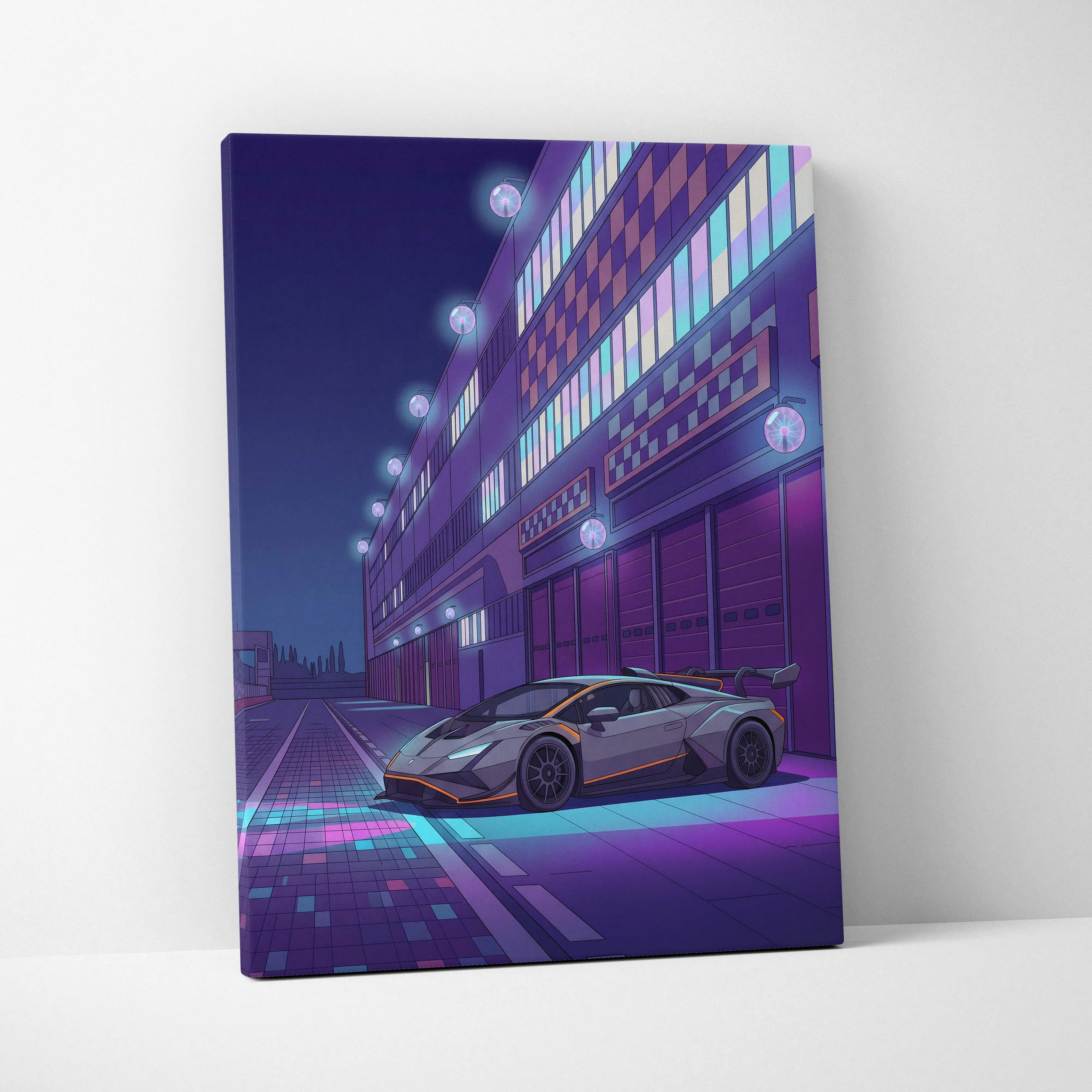 Lamborghini Huracan STO Inspired Gray Purple Canvas Wall Art, Vaporwave Track Car Artwork, Neon Garage Decor, Retro Futuristic Exotic Print