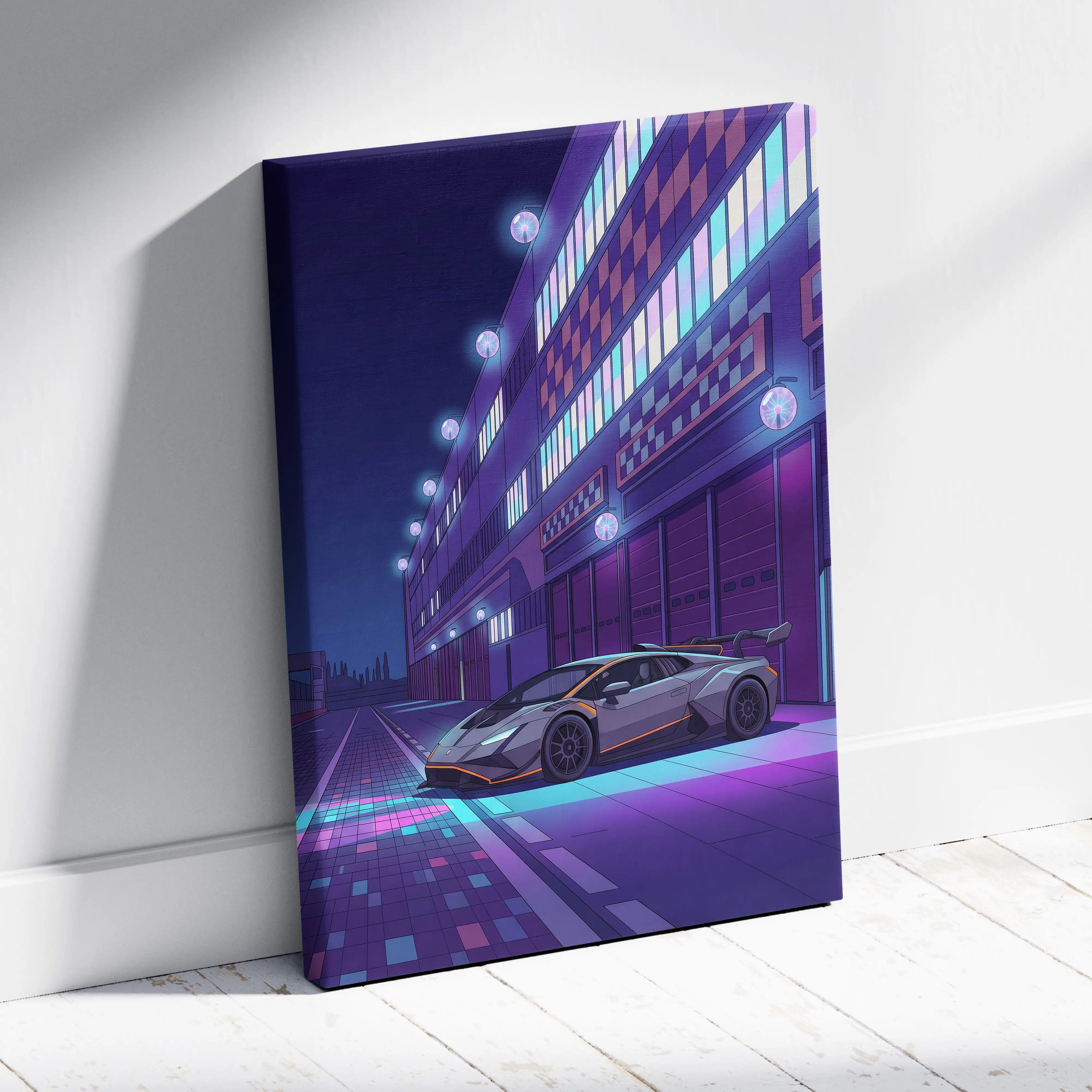 Lamborghini Huracan STO Inspired Gray Purple Canvas Wall Art, Vaporwave Track Car Artwork, Neon Garage Decor, Retro Futuristic Exotic Print