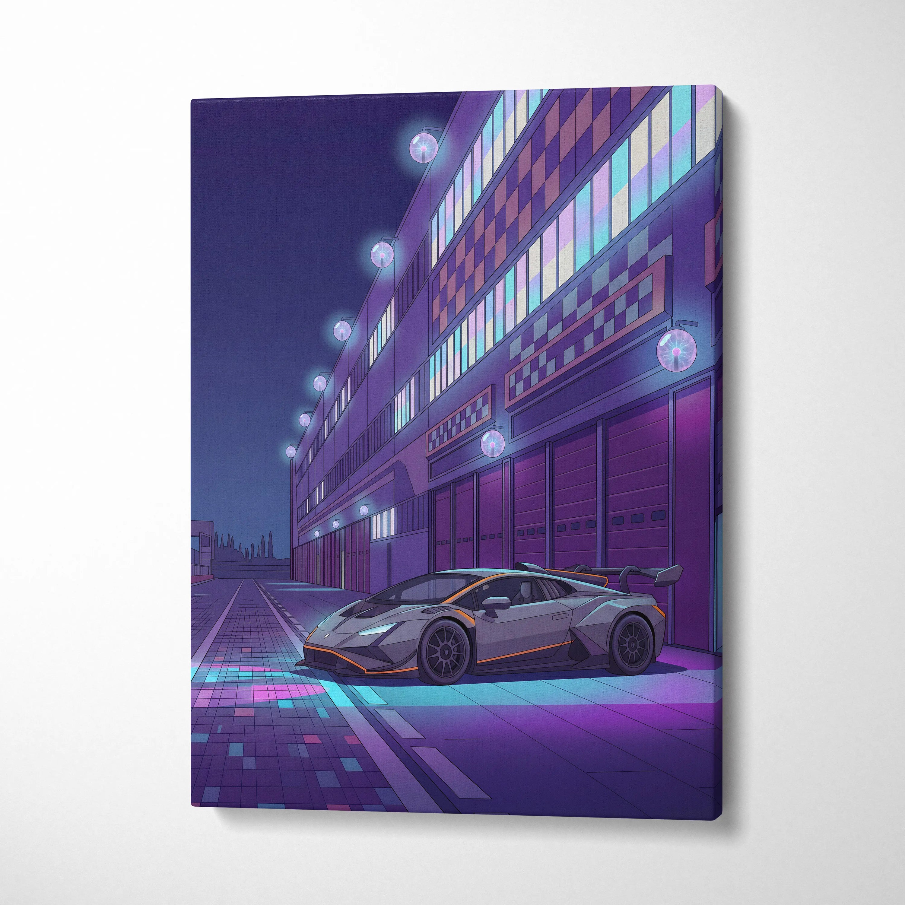 Lamborghini Huracan STO Inspired Gray Purple Canvas Wall Art, Vaporwave Track Car Artwork, Neon Garage Decor, Retro Futuristic Exotic Print