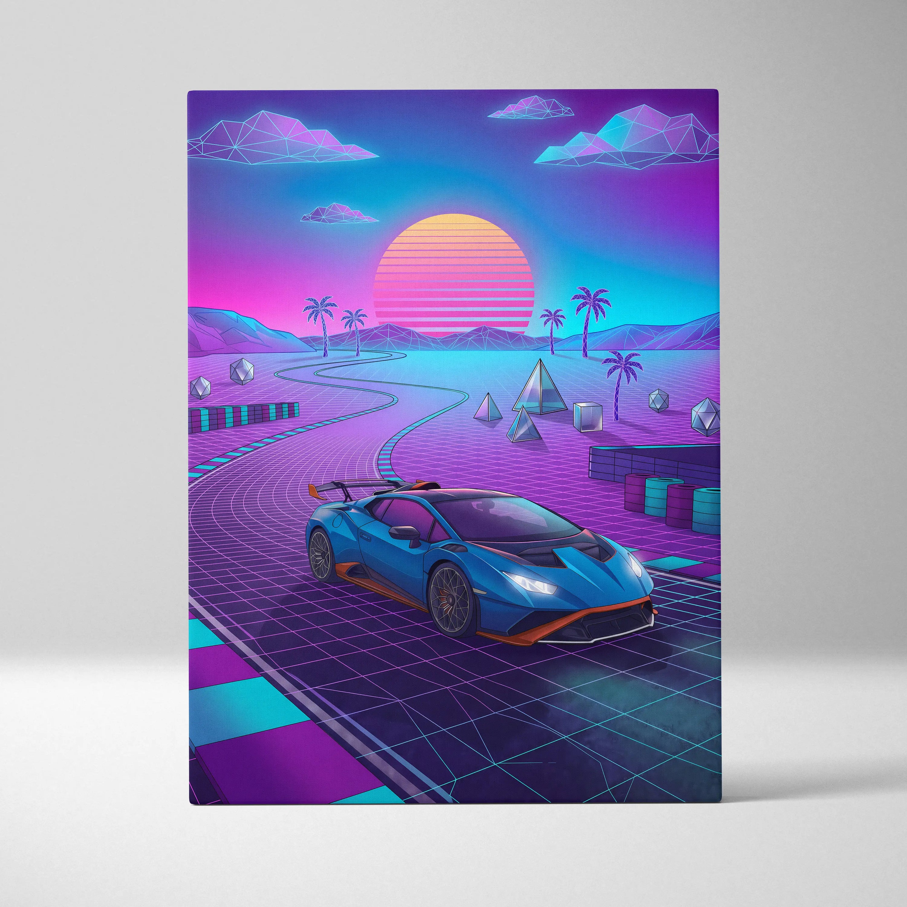 Lamborghini Huracan STO Inspired Blue Purple Canvas Wall Art, Vaporwave Track Car Artwork, Neon Sunset Garage Decor, Retro Futuristic Exotic Print