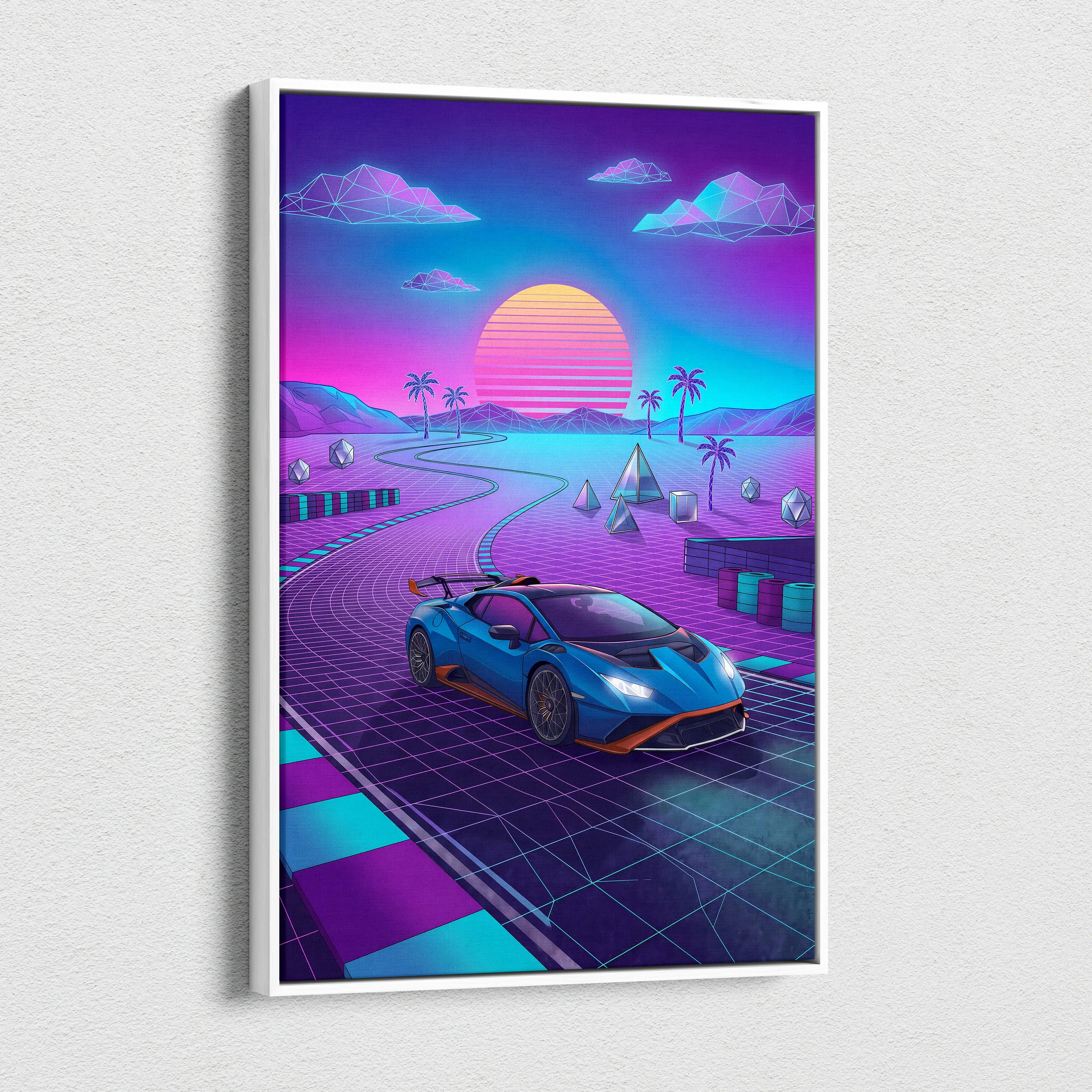 Lamborghini Huracan STO Inspired Blue Purple Canvas Wall Art, Vaporwave Track Car Artwork, Neon Sunset Garage Decor, Retro Futuristic Exotic Print