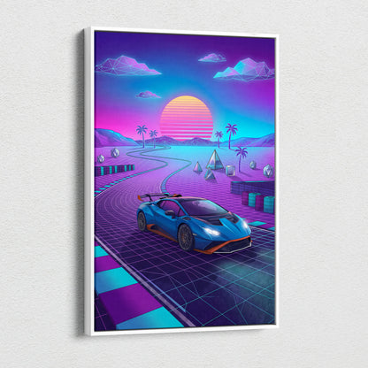 Lamborghini Huracan STO Inspired Blue Purple Canvas Wall Art, Vaporwave Track Car Artwork, Neon Sunset Garage Decor, Retro Futuristic Exotic Print
