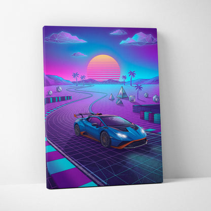Lamborghini Huracan STO Inspired Blue Purple Canvas Wall Art, Vaporwave Track Car Artwork, Neon Sunset Garage Decor, Retro Futuristic Exotic Print