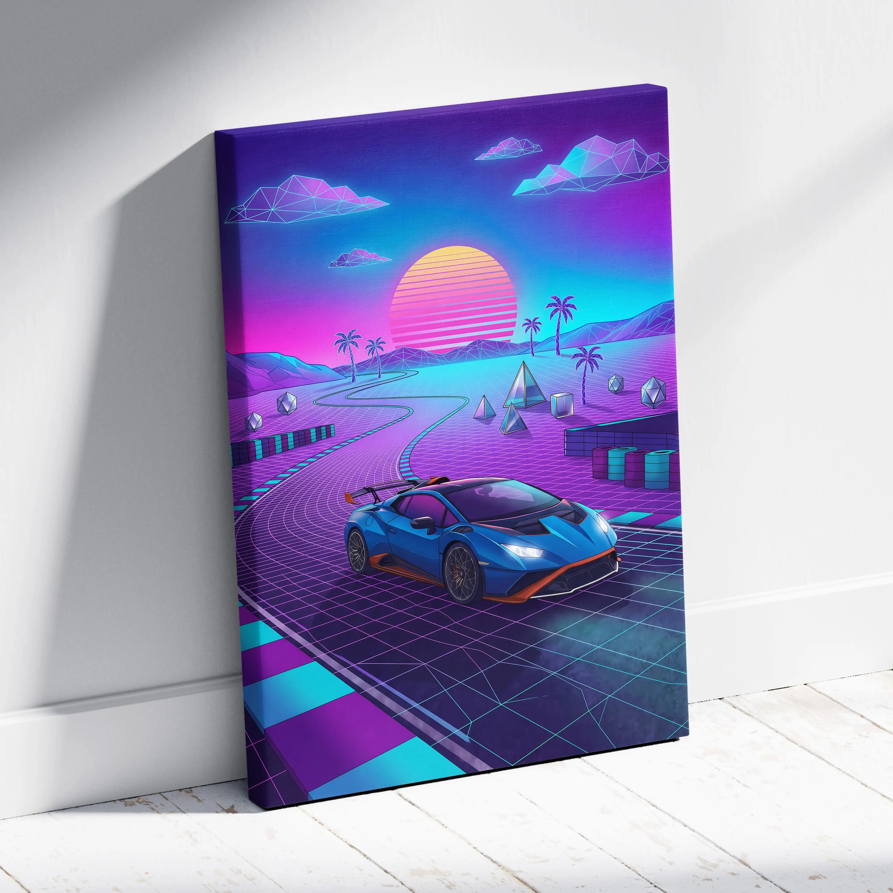 Lamborghini Huracan STO Inspired Blue Purple Canvas Wall Art, Vaporwave Track Car Artwork, Neon Sunset Garage Decor, Retro Futuristic Exotic Print